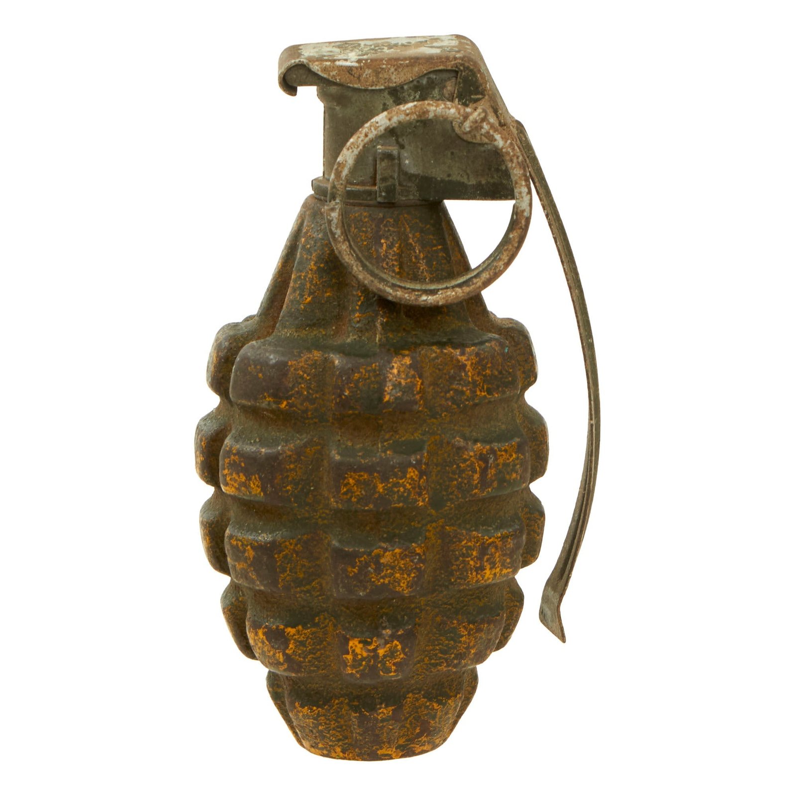 Buy Original U.S. WWII Inert MkII Pineapple Grenade with Underlying Yellow Paint & M10A2 Fuze | Original Firearms Antique For Sale