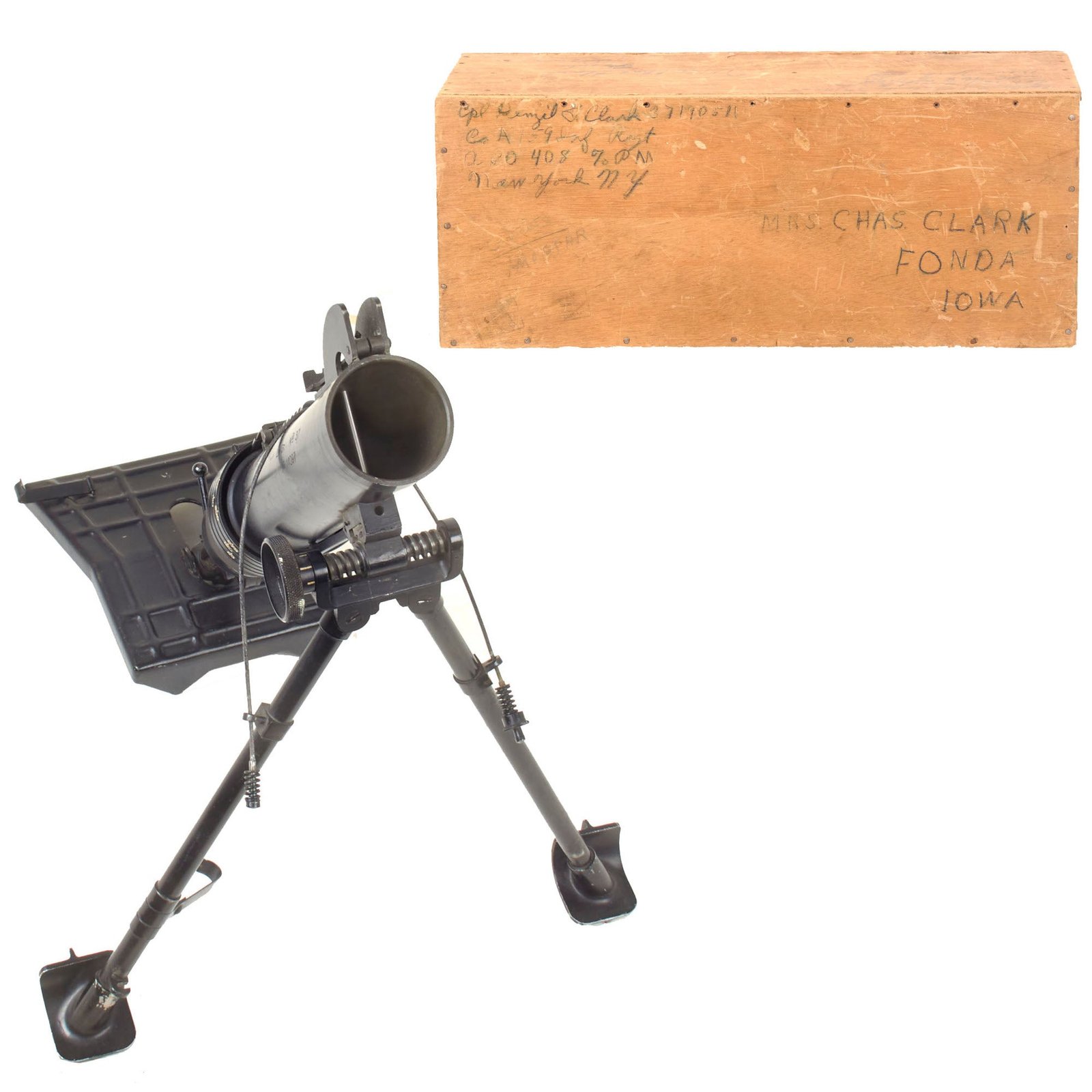 Buy Original French WWII Brandt 50mm Modèle 1937 L GR MLE 37 Inert Display Light Mortar Serial 14097 in Named Send Home Crate - 159th Infantry Regiment | Original Firearms Antique For Sale