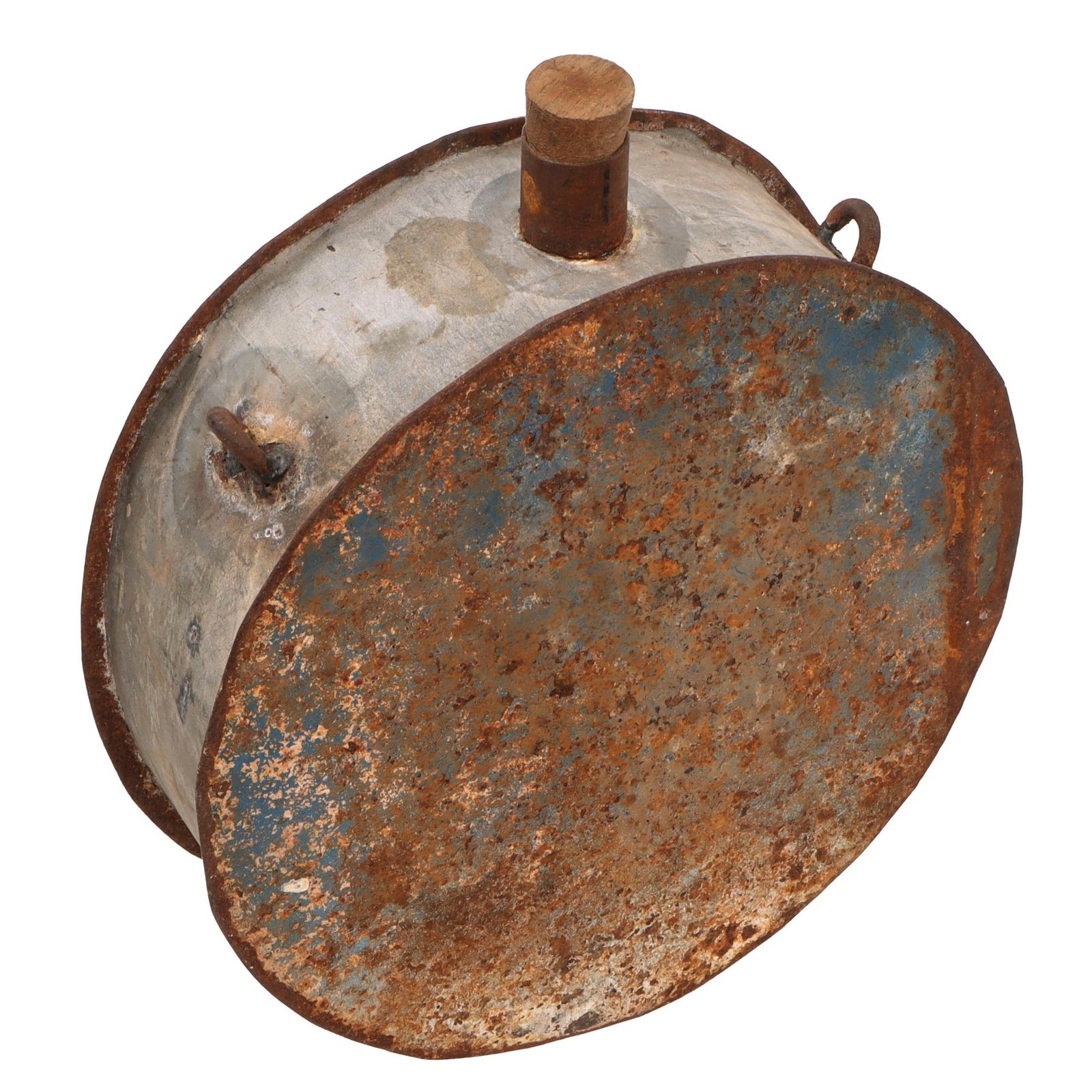 Original U.S. Old West Era Frontiersman Homemade Metal Canteen with Wooden Stopper