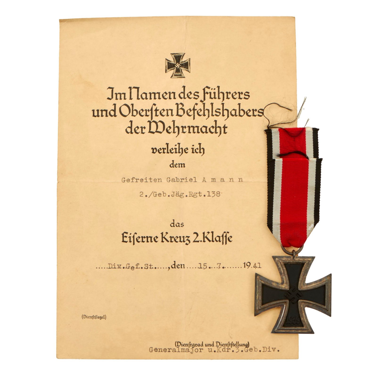 Buy Original German WWII Iron Cross 2nd Class 1939 EKII with Named Award Document & Ribbon - 138th Gebirgsjäger Mountain Troop Regiment | Original Firearms Antique For Sale