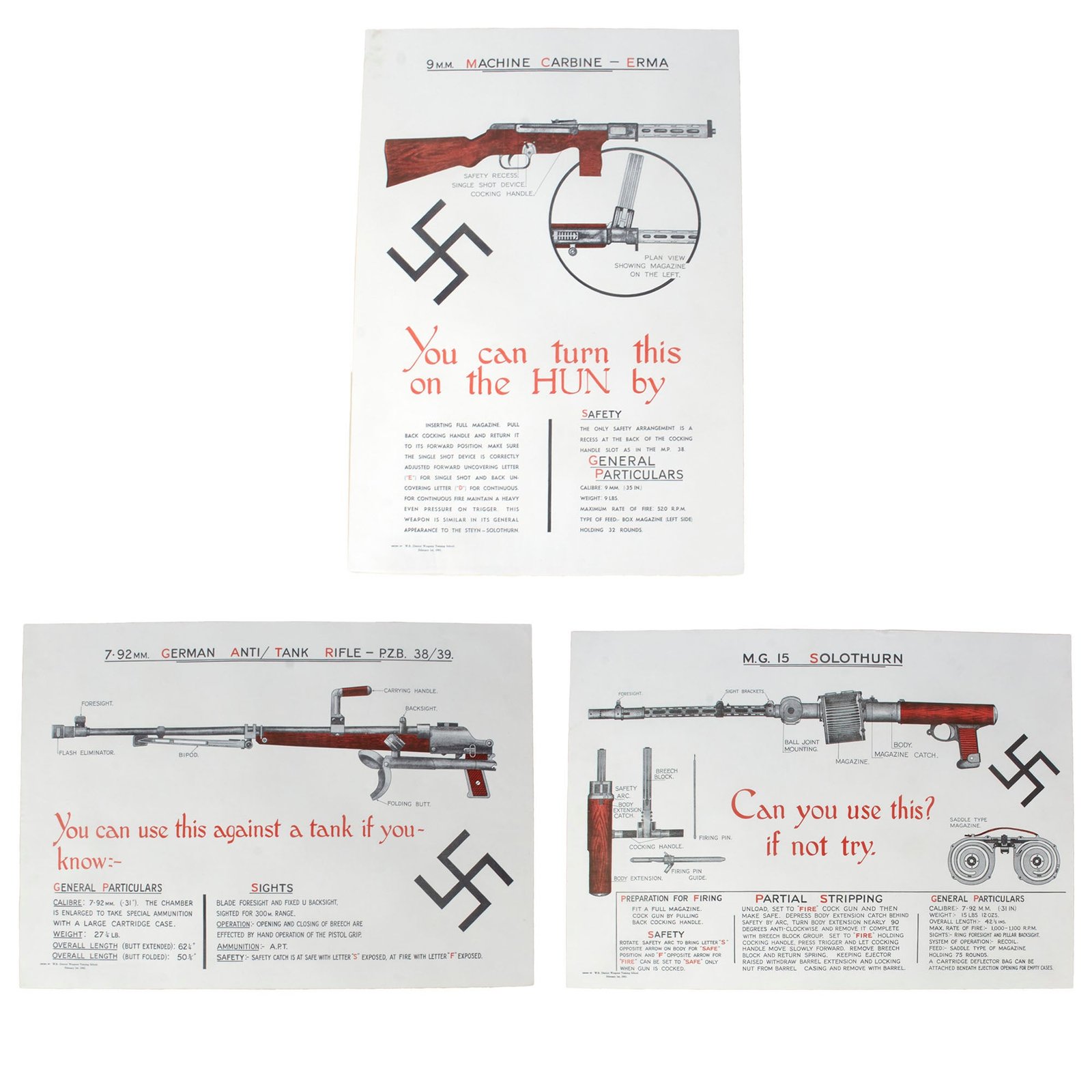 Buy Original British WWII W.R. District Weapons Training School Weapon Identification Posters for the M.G. 15, PZB 38/39, & Erma - Lot of 3 | Original Firearms Antique For Sale