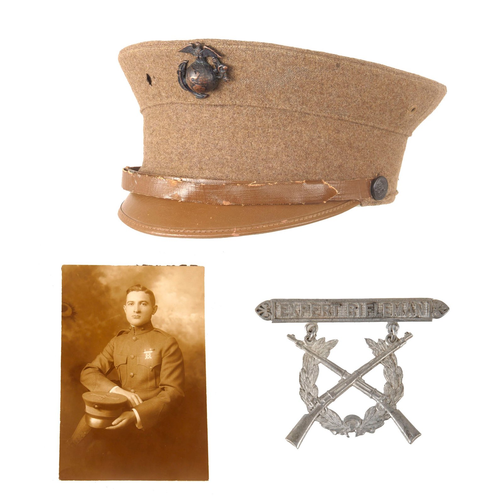 Buy Original WWI Era U.S. Marine Corps Summer Dress Enlisted Bell Crown Visor Cap with Photo of Marine & Sterling Expert Rifleman Badge - Size 6 7/8 | Original Firearms Antique For Sale