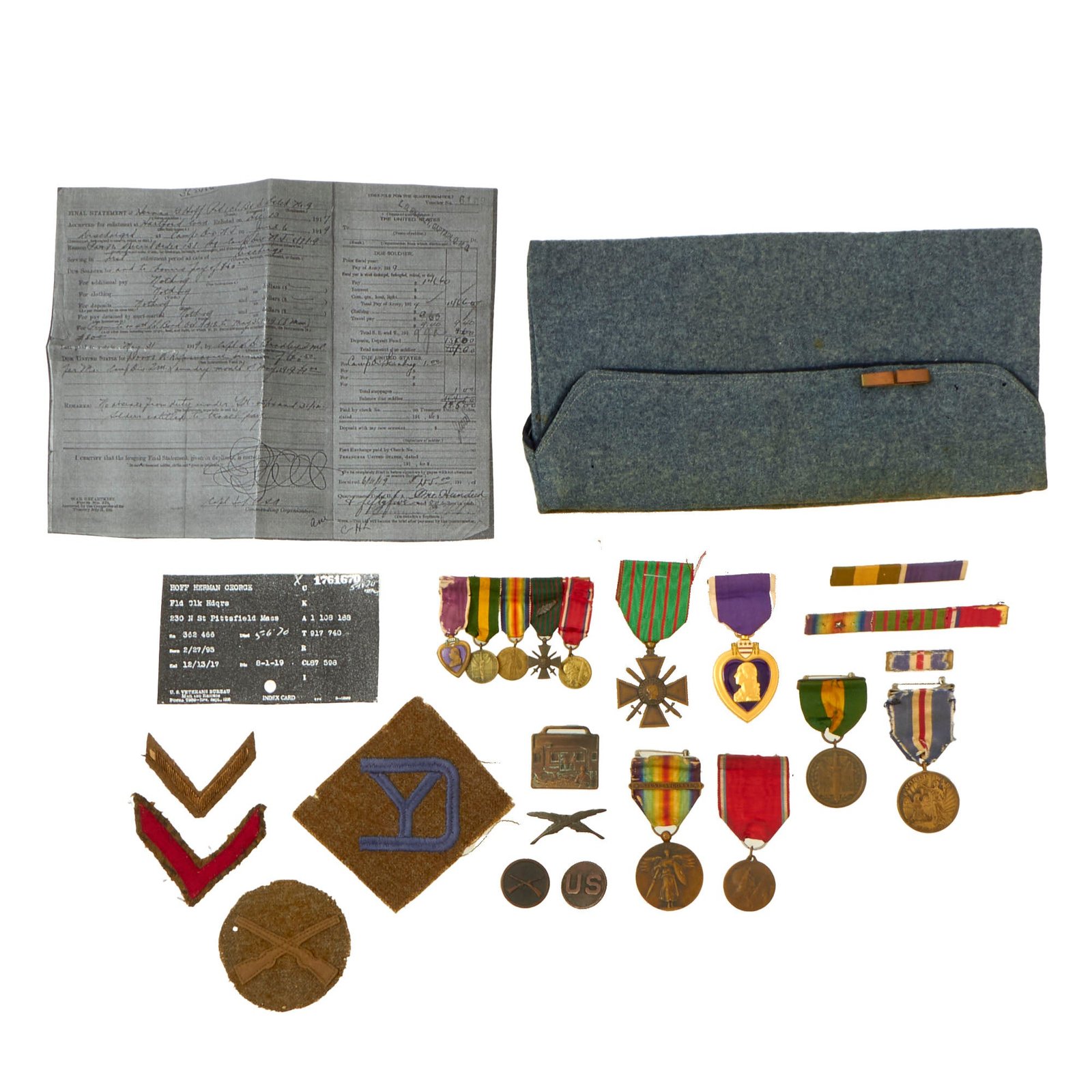 Buy Original U.S. WWI 26th “Yankee” Division Army Field Clerk Purple Heart Medal Group with Extremely Scarce French-Made U.S. Victory Medal with Meuse-Argonne Bar | Original Firearms Antique For Sale
