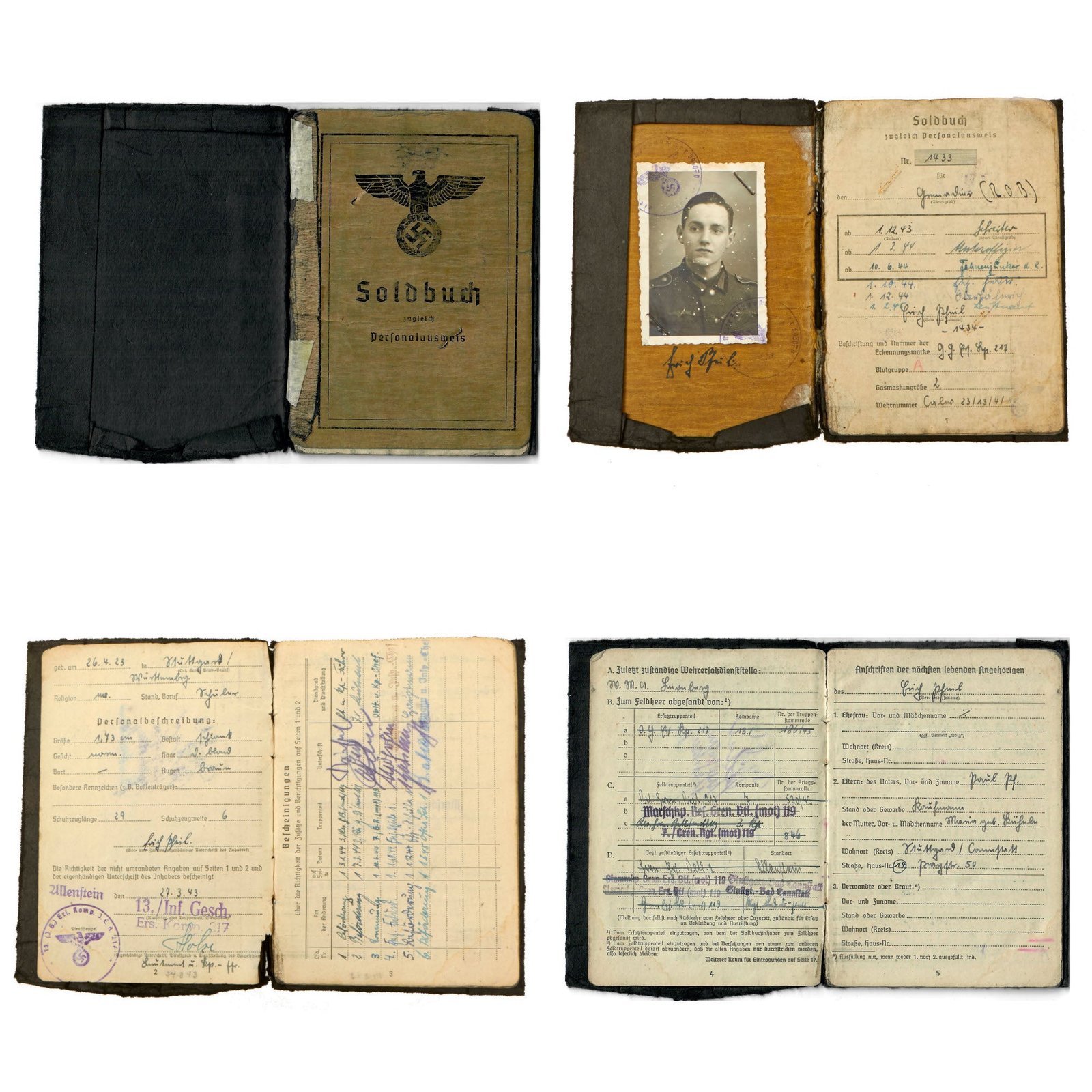 Buy Original German WWII Soldbuch Soldier Identity & Payment Book of Lt. Erich Pfeil with Translated Summary - Panzergrenadier Regt. 11 | Original Firearms Antique For Sale