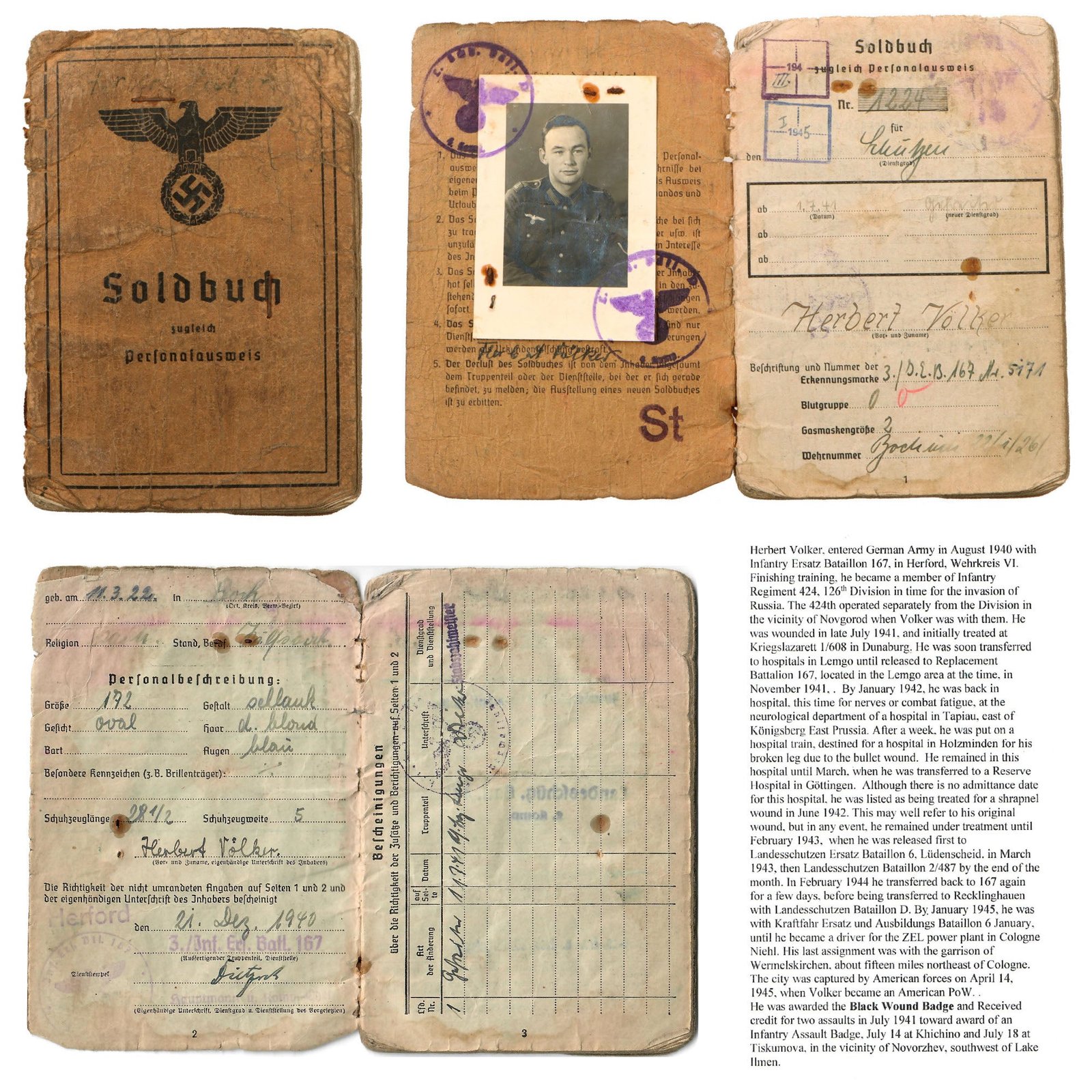 Original German WWII Heer Army Soldbuch ID & Payment Book of Eastern Front Veteran Gefreiter Herbert Völker with Translated Summary