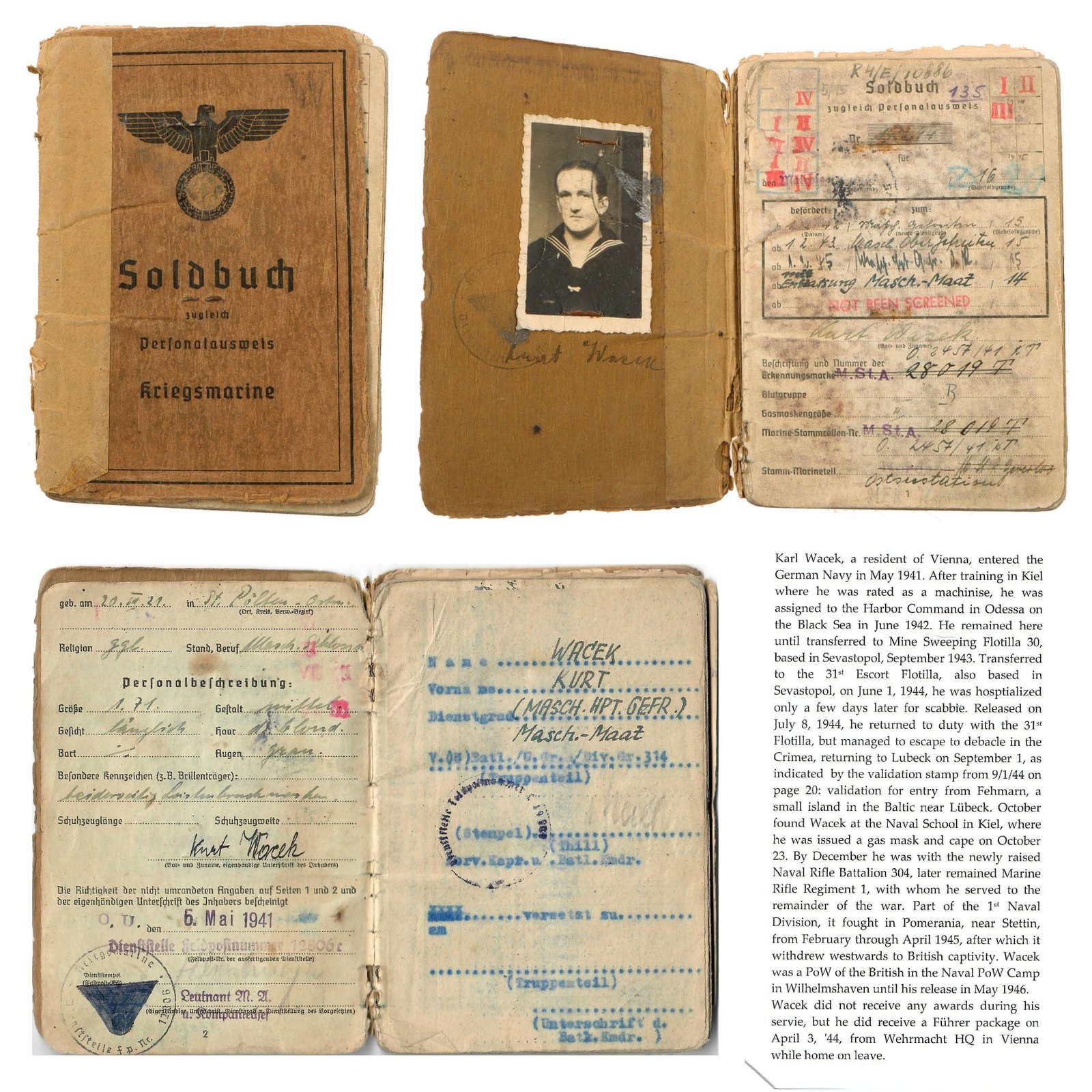Original German WWII Kriegsmarine Soldbuch ID & Payment Book of Eastern Front Veteran MaschinistMaat Kurt Wacek with Translated Summary