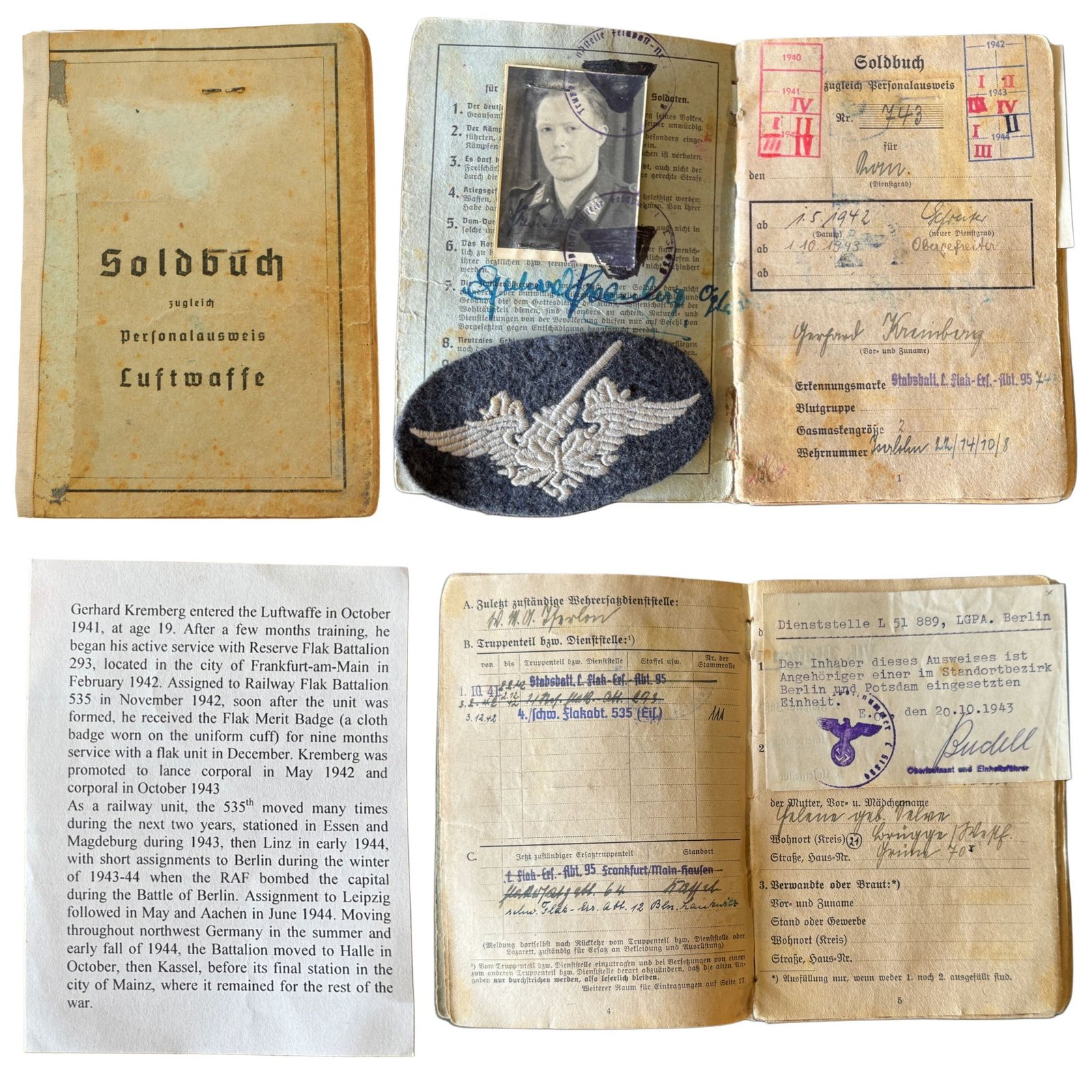 Original WWII German Luftwaffe Soldbuch Identity & Payment Book for Flak NCO Obergefreiter Gerhard Kremberg with Flak Artillery Trade Badge - Railway Flak Battalion 535