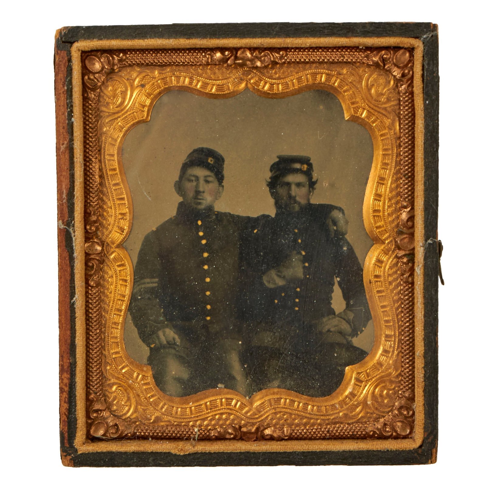 Buy Original U.S. Civil War Sixth Plate Tintype of Two Union Infantry Soldiers in Kepis & Frock Coats in Partial Thermoplastic Case | Original Firearms Antique For Sale