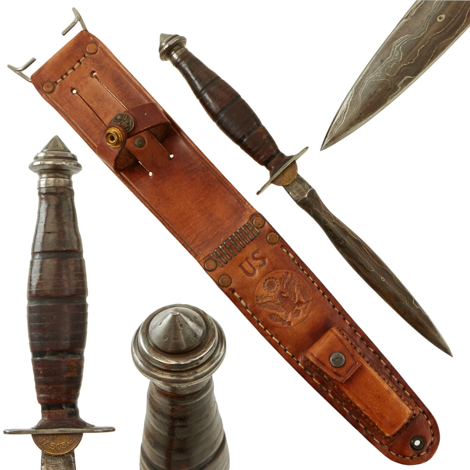 Buy Original U.S. WWII 503rd PIR Theater-Made V-42 Stiletto Style Fighting Knife with Damascus Blade & Outstanding M6-Style Sheath with Sharpening Stone - 11th Airborne Division | Original Firearms Antique For Sale
