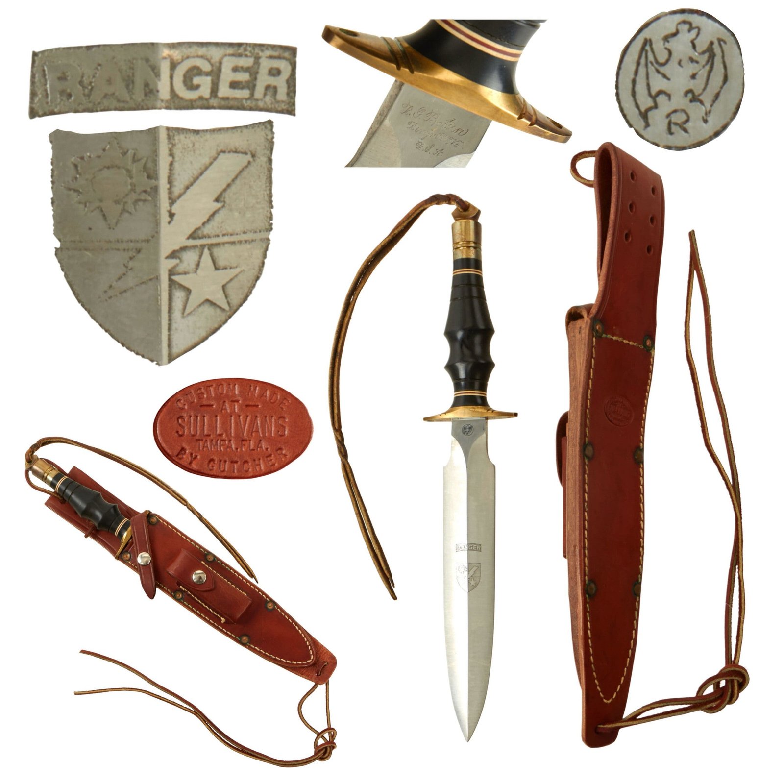Buy Original U.S. Global War on Terror Era Richard Batson 75th Ranger Regiment Etched Fighting Knife in Correct Leather Sheath with Sharpening Stone by Gutcher - Extremely Rare | Original Firearms Antique For Sale