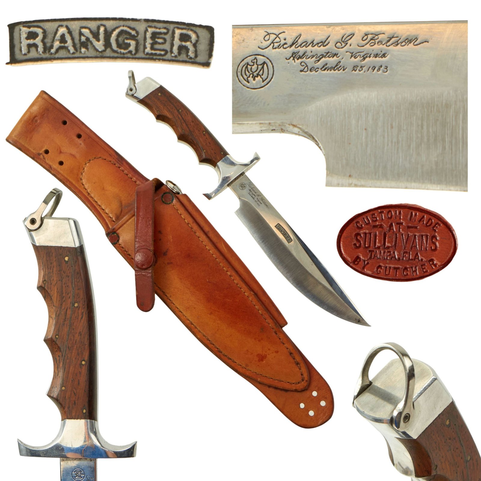 Buy Original U.S. Cold War Richard Batson 1983-Dated Ranger Etched Fighting Knife in Correct Leather Sheath by Gutcher with Sharpening Rod - Extremely Rare | Original Firearms Antique For Sale