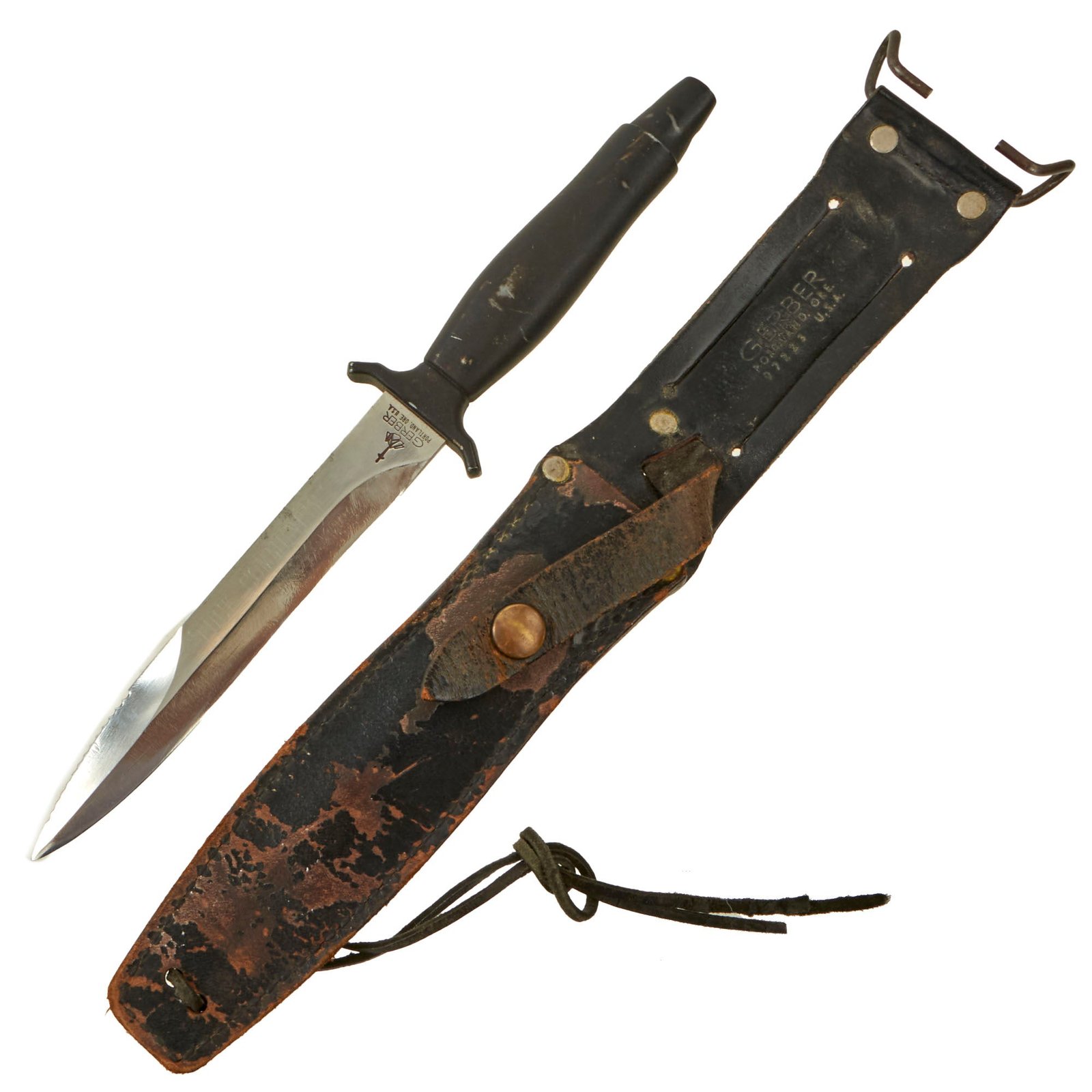 Buy Original U.S. Cold War Era Custom Engraved Gerber MkII Fighting Survival Knife with Scabbard & “HAL LEFT” Airborne Motif - Serial A5466S, Made in 1982 | Original Firearms Antique For Sale