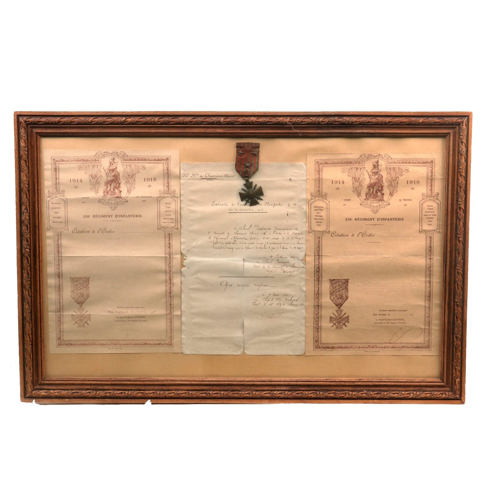 Buy Original French WWI Framed Chasseurs Croix de Guerre Certificates & Medal to Corporal Frederic Massot - Triple Award - 18½ x 28” | Original Firearms Antique For Sale
