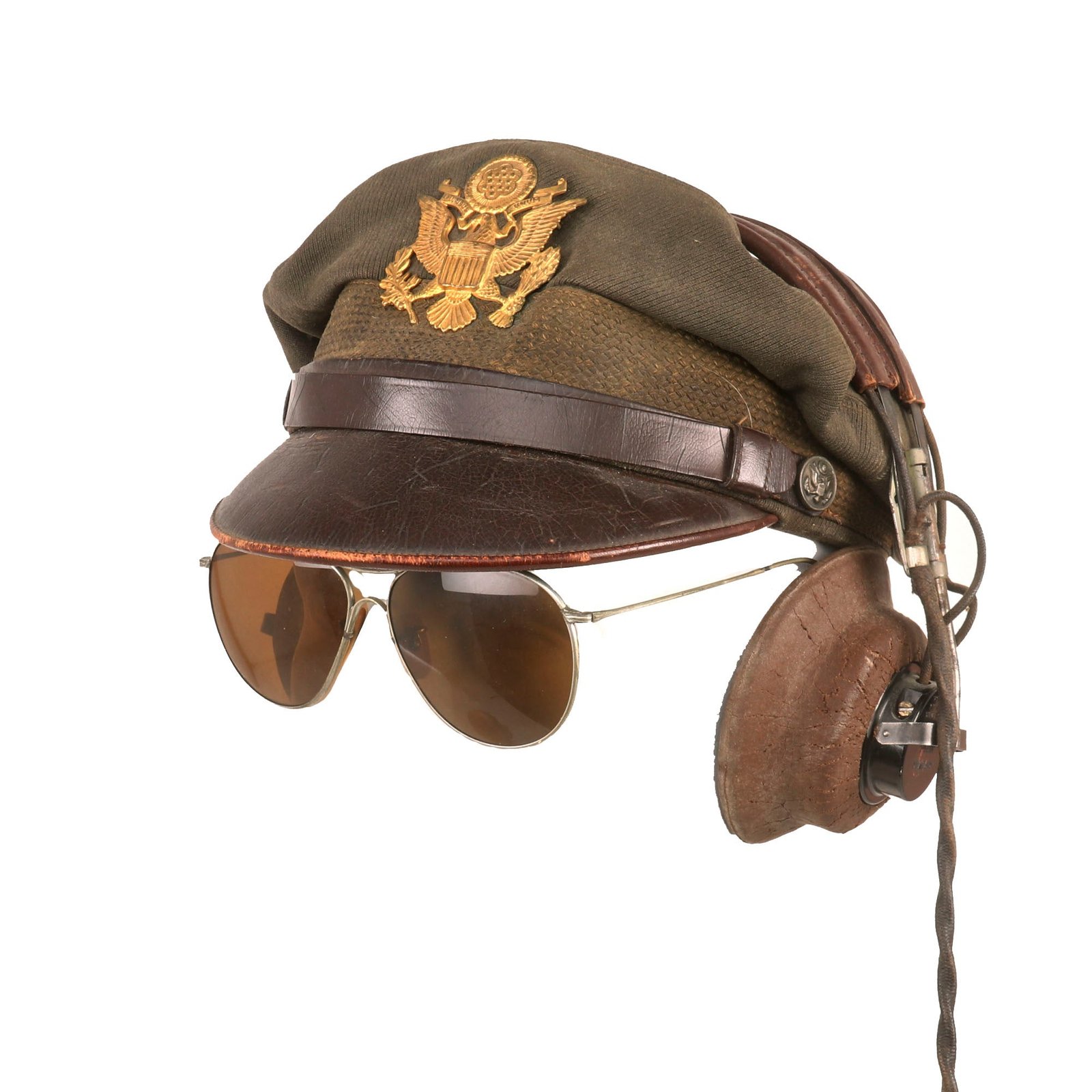 Buy Original U.S. WWII Army Air Force Officer “Fly-Weighter” Crusher Cap by Lewis With HB-7 Headset & Aviator Sunglasses - Size 6¾ | Original Firearms Antique For Sale