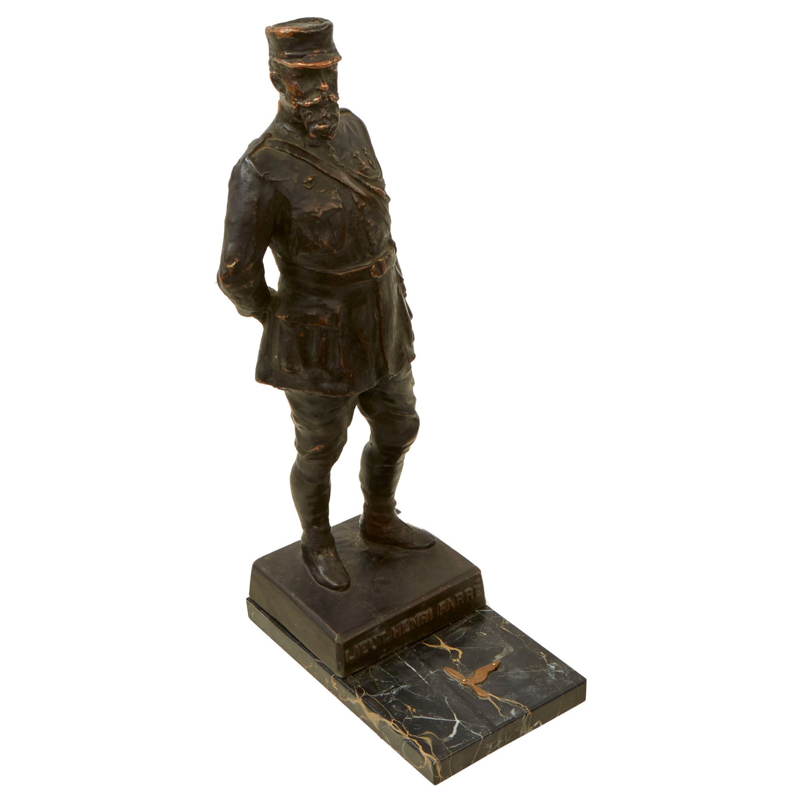 Buy Original French WWI Bronze of Aerial Ace & Artist Lieutenant Henri Farré with Marble Base | Original Firearms Antique For Sale