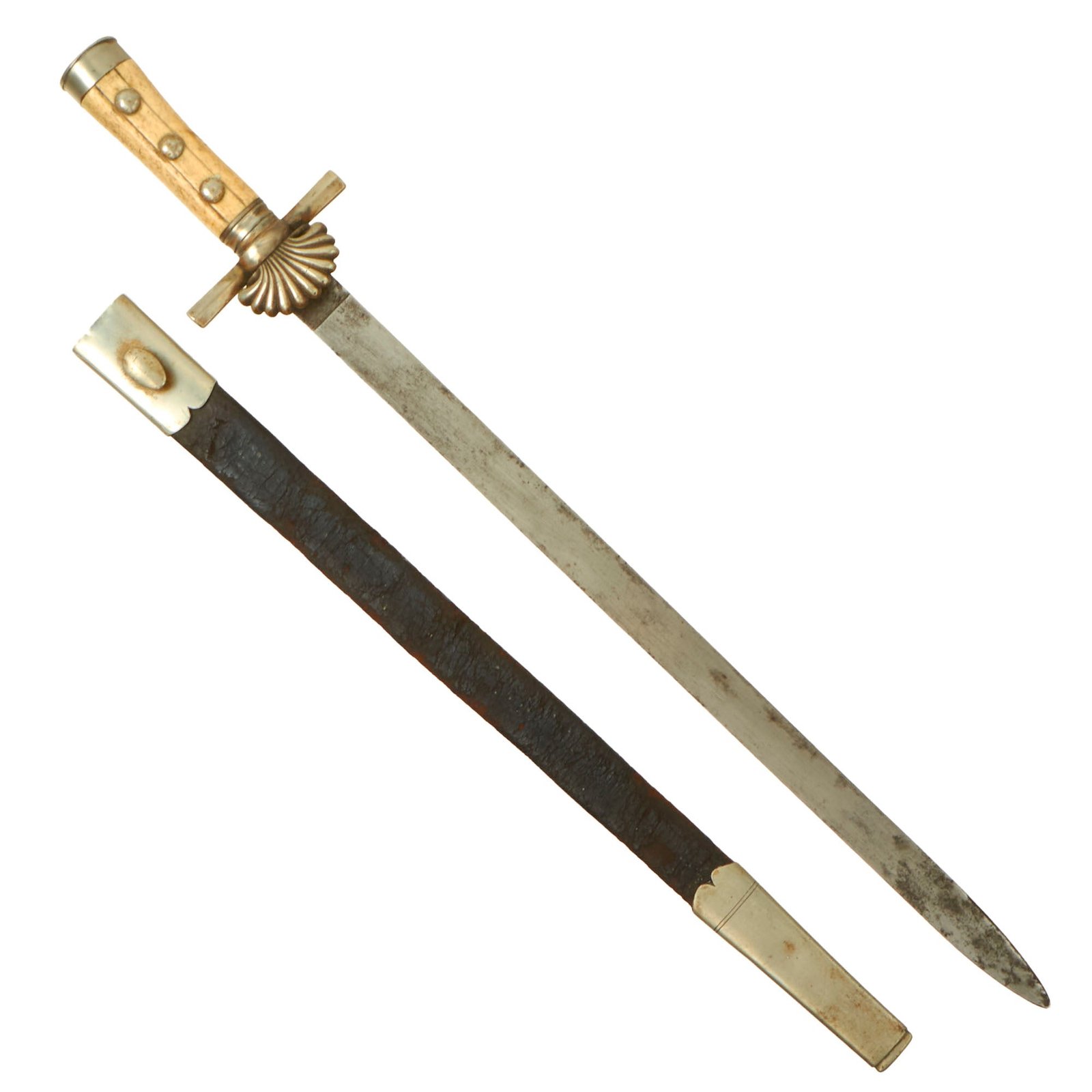 Buy Original German Pre-WWI Hirschfänger Stag Handle Long Shooting Dress Cutlass by H. Barth with Scabbard | Original Firearms Antique For Sale