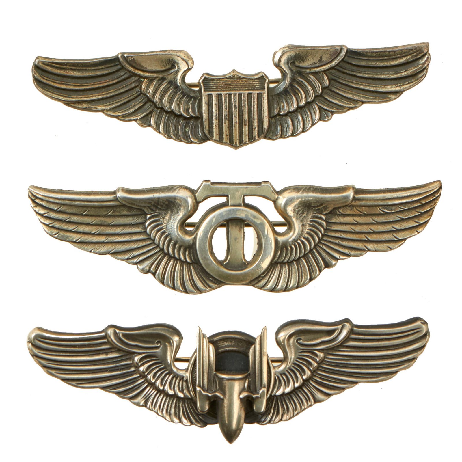 Buy Original U.S. WWII USAAF Sterling Pilot, Technical Observer, and Aerial Gunner Wings by N.S. Meyer & Vanguard - Lot of Three | Original Firearms Antique For Sale
