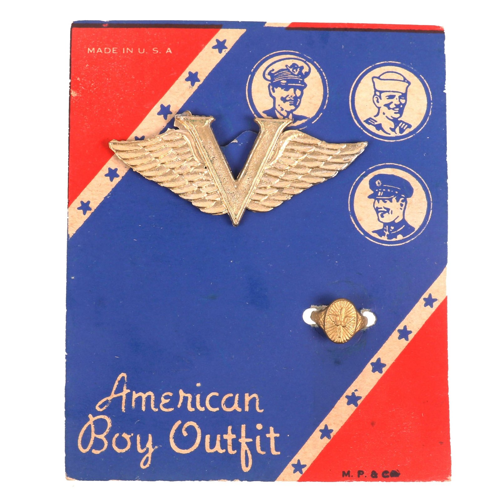 Buy Original U.S. WWII Homefront “American Boy Outfit” Patriotic V for Victory Pin & Aviation Ring on Original Card | Original Firearms Antique For Sale