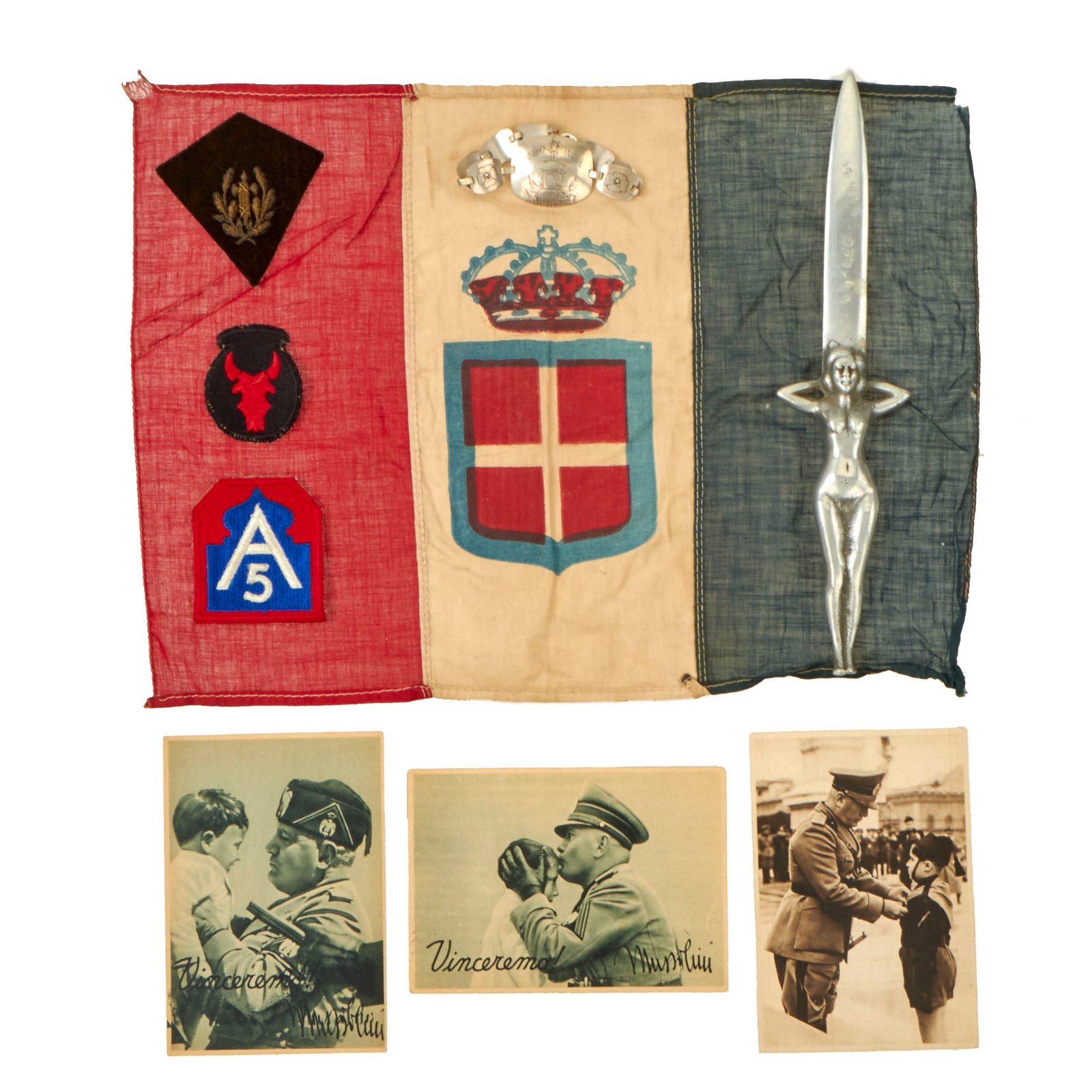 Buy Original U.S. WWII Italian Veterans Souvenir Group - NAPLES 1945 Naked Lady Knife, Bracelet, Italian Flag, Insignia | Original Firearms Antique For Sale