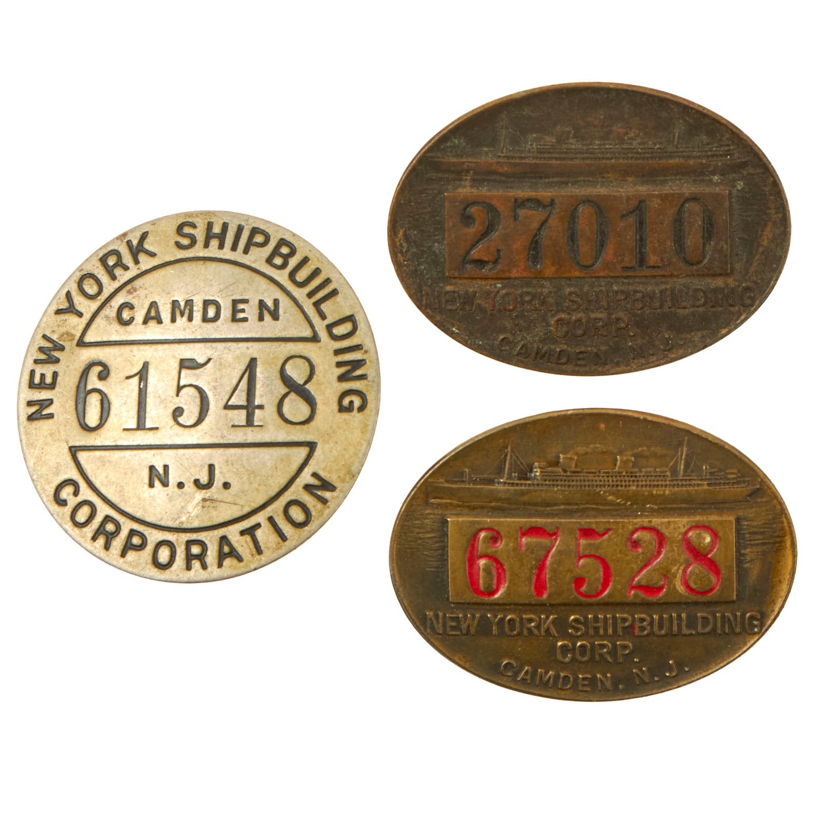 Buy Original U.S. WWII Homefront New York Shipbuilding Corporation Camden, NJ Employee Badges - Lot of Three | Original Firearms Antique For Sale