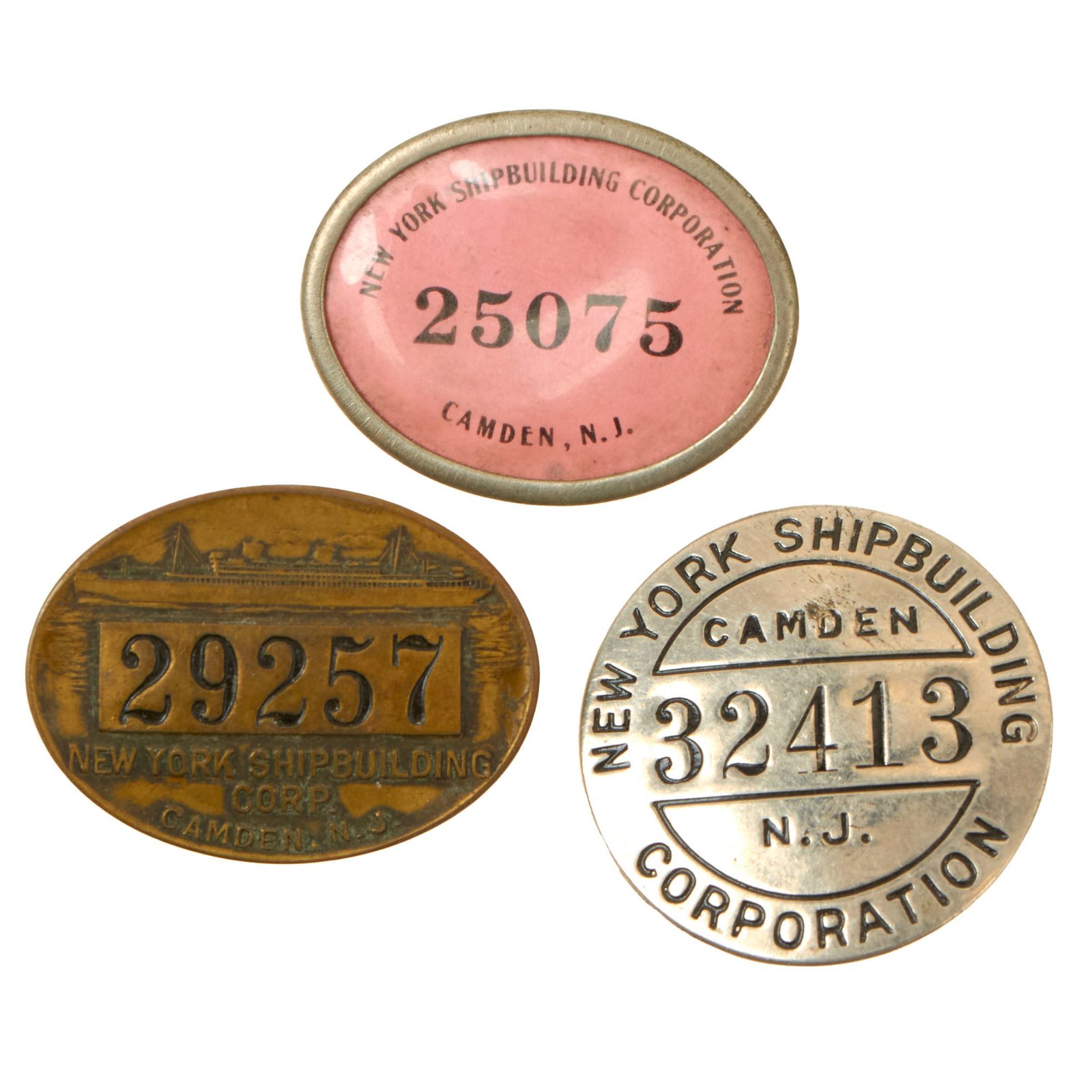 Buy Original U.S. WWII Homefront New York Shipbuilding Corporation Camden, NJ Employee Badges - Lot of Three | Original Firearms Antique For Sale
