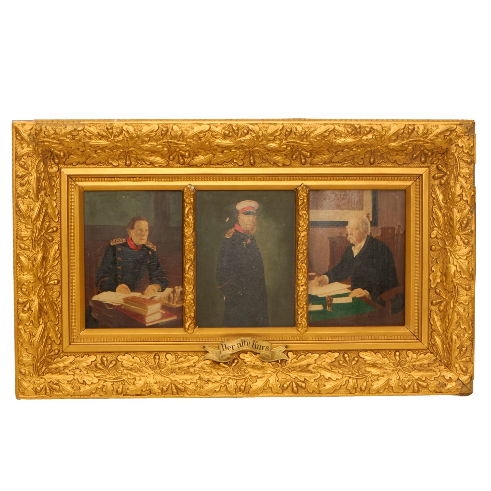 Buy Original Imperial German Pre-WWI “Der alte Kurs” Framed Triptych Painting Set of Helmut von Moltke, Kaiser Wilhelm I, and Otto von Bismarck - 10 x 17” | Original Firearms Antique For Sale