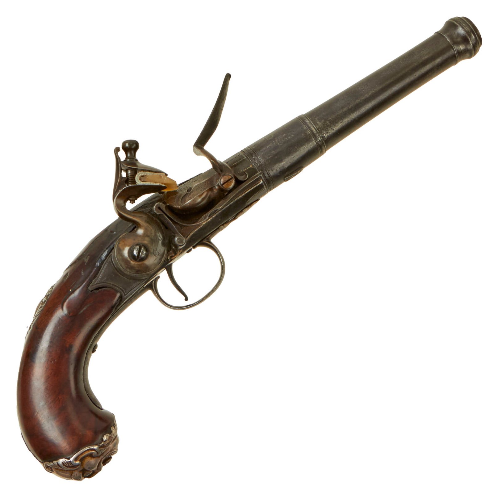 Buy Original 18th Century English Queen Anne Flintlock Pistol by Fletcher with Turn-Off Barrel and Grotesque Butt Cap - Circa 1780 | Original Firearms Antique For Sale