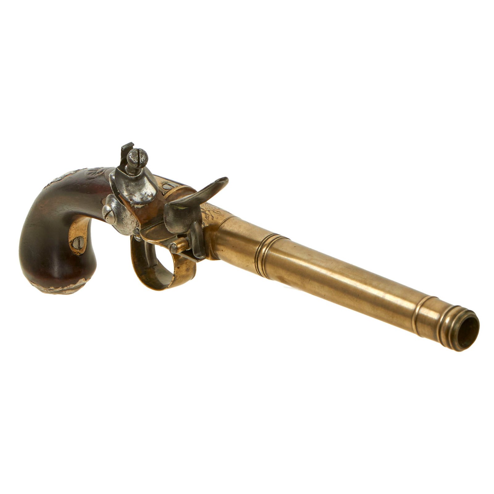 Buy Original 18th Century English Brass Queen Anne Flintlock Pistol by Joseph Heylin with Grotesque Butt Cap - Circa 1770 | Original Firearms Antique For Sale