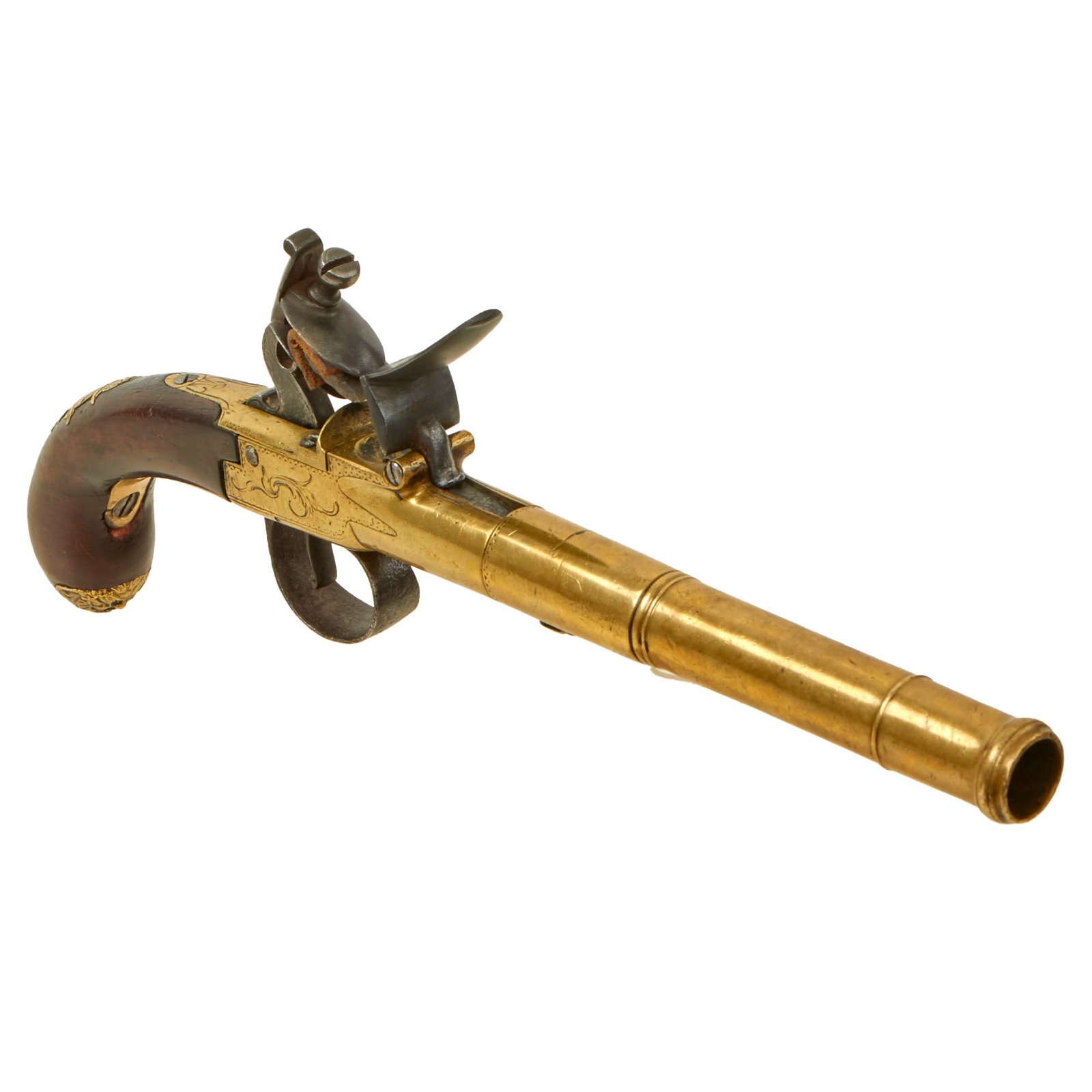 Buy Original 18th Century British Brass Boxlock Flintlock Pistol with Turn Off Barrel and Mask Butt Cap - Circa 1780 | Original Firearms Antique For Sale