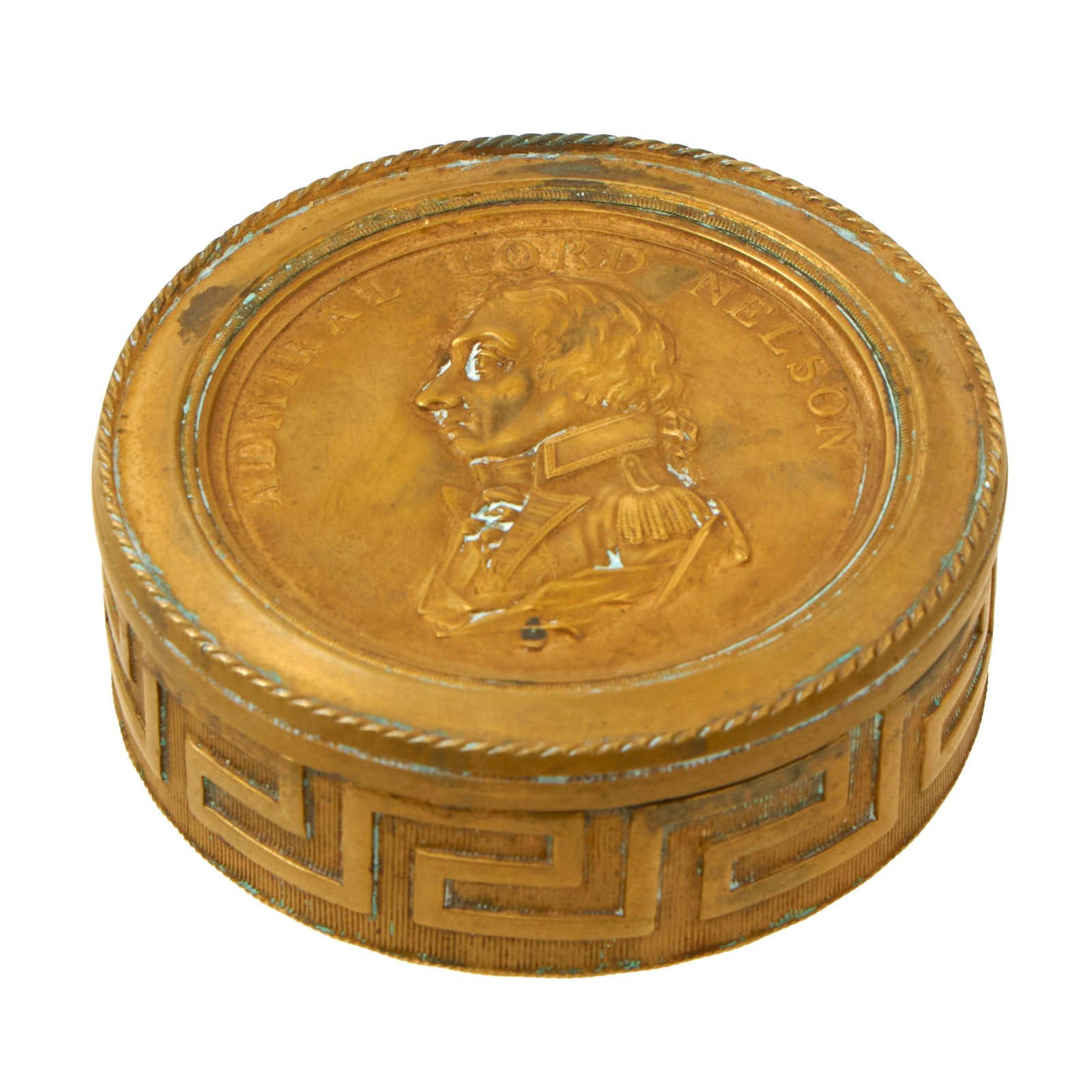 Buy Original British Napoleonic Admiral Lord Nelson Gilt Brass Snuff Box with Piece of Wood from HMS Victory Inside | Original Firearms Antique For Sale