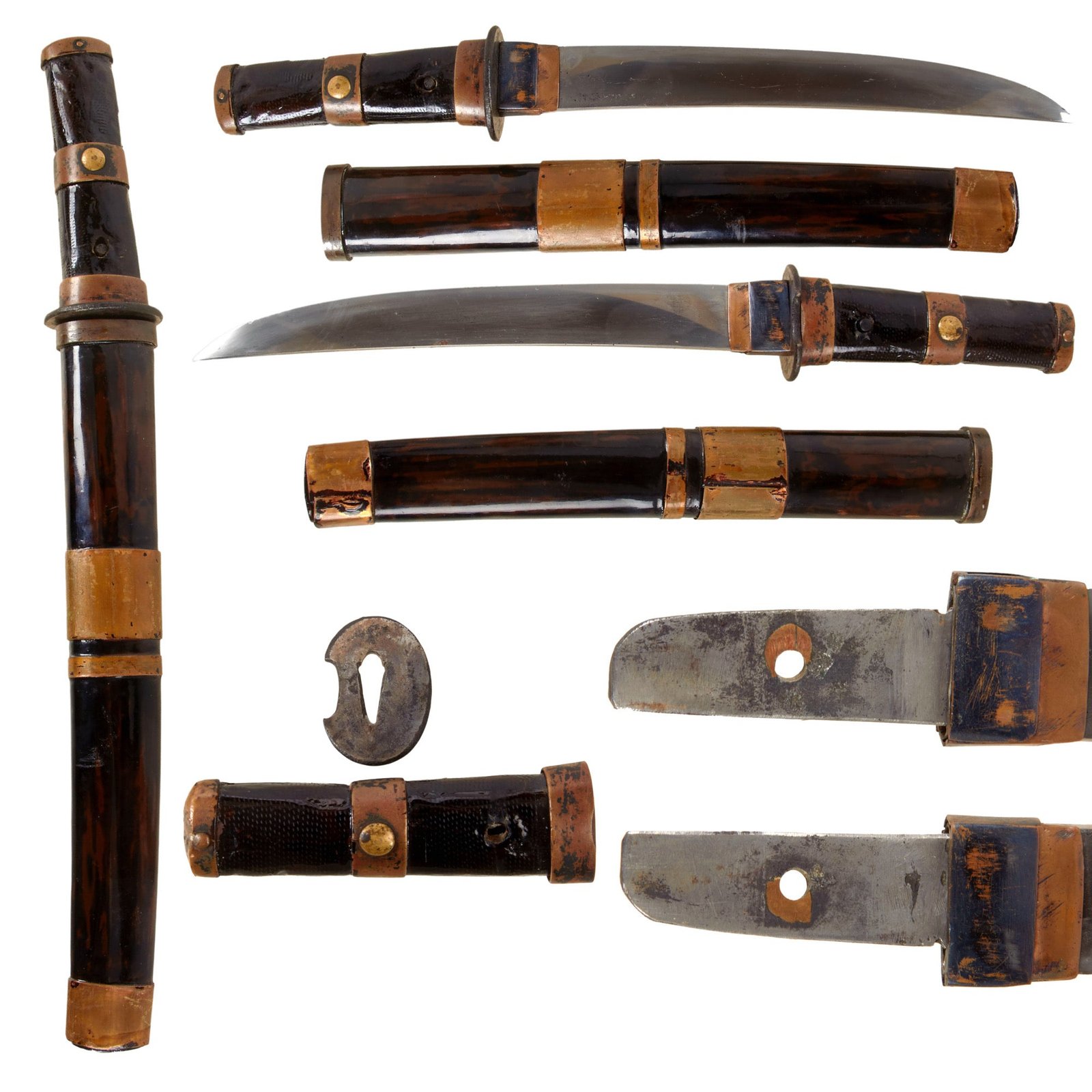 Original 18th Century Japanese Edo Period Handmade Tanto Short Sword with Copper Decorated Lacquered Fittings