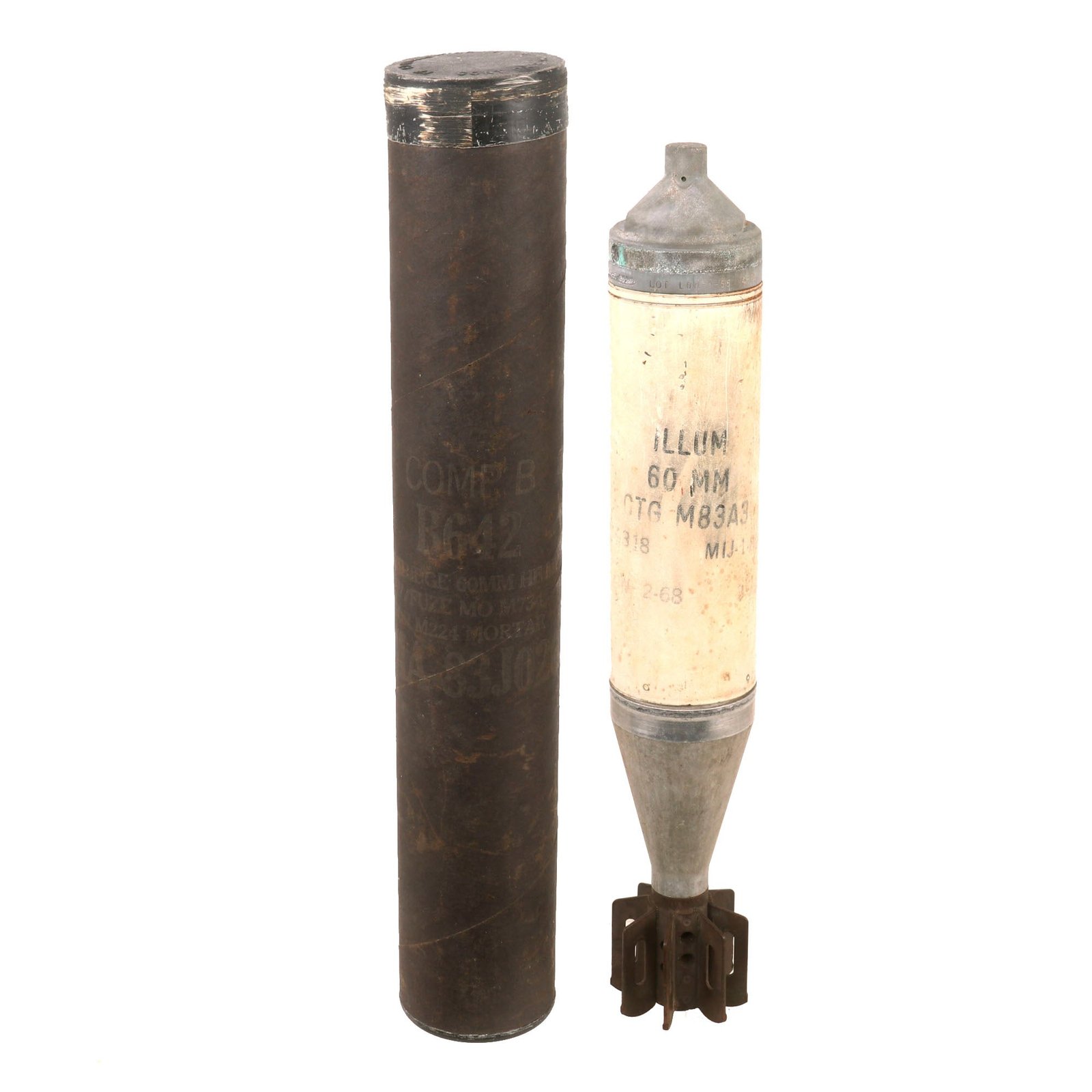 Buy Original U.S. Vietnam War 60mm Mortar M83A3 Illuminating Cartridge (ILL) dated 1973 in Original Husk - Inert | Original Firearms Antique For Sale