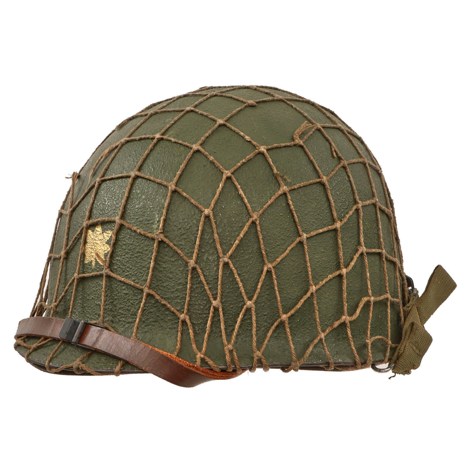 Original U.S. Korean War Era Major’s M1 Schlueter Rear Seam Swivel Bale Helmet with Westinghouse Liner & Helmet Net - Follow Me Bar
