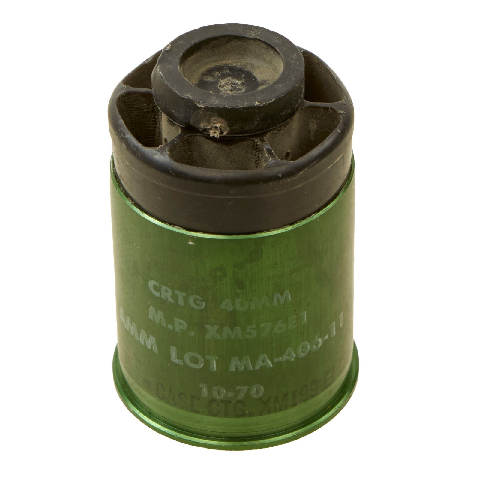 Buy Original U.S. Vietnam War Inert 40mm XM576E1 High Velocity Buckshot Shotgun Round with XM199 Aluminum Case - Dated 1970 | Original Firearms Antique For Sale