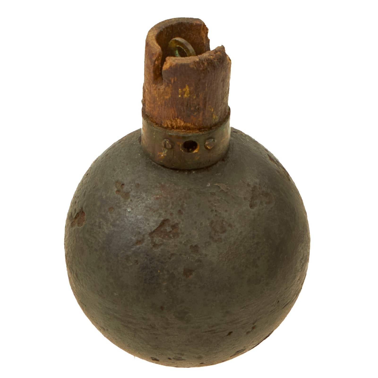 Buy Original French WWI Model 1914 Bracelet Ball Hand Grenade with Fuse & Pull Ring Housing - Inert | Original Firearms Antique For Sale