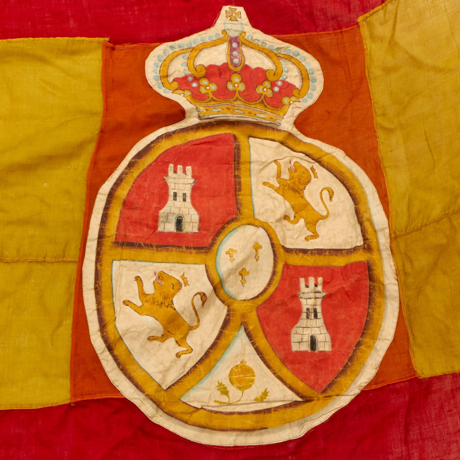Buy Original U.S. Spanish-American War Enormous Spanish Flag Captured by 16th Pennsylvania Volunteer Infantry at El Coto with Hand-Painted Royal Spanish Coat of Arms - 50 x 144” | Original Firearms Antique For Sale