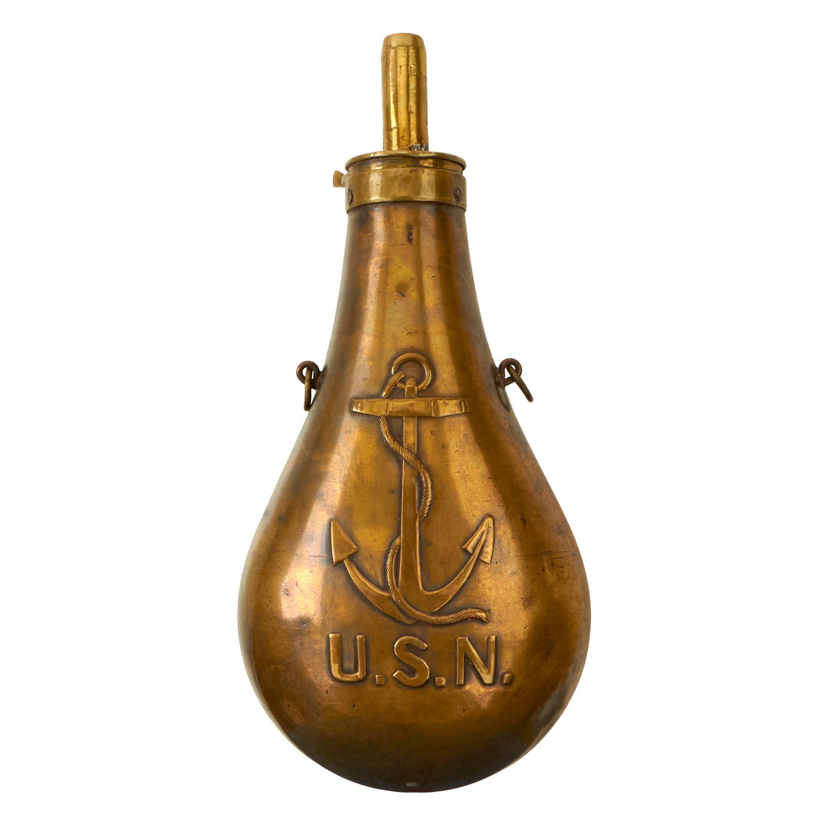 Buy Original U.S. Mexican-American War Stimpson Contract “Fouled Anchor” US Navy Powder Flask - Inspected by Oliver Hazard Perry - Extremely Rare | Original Firearms Antique For Sale