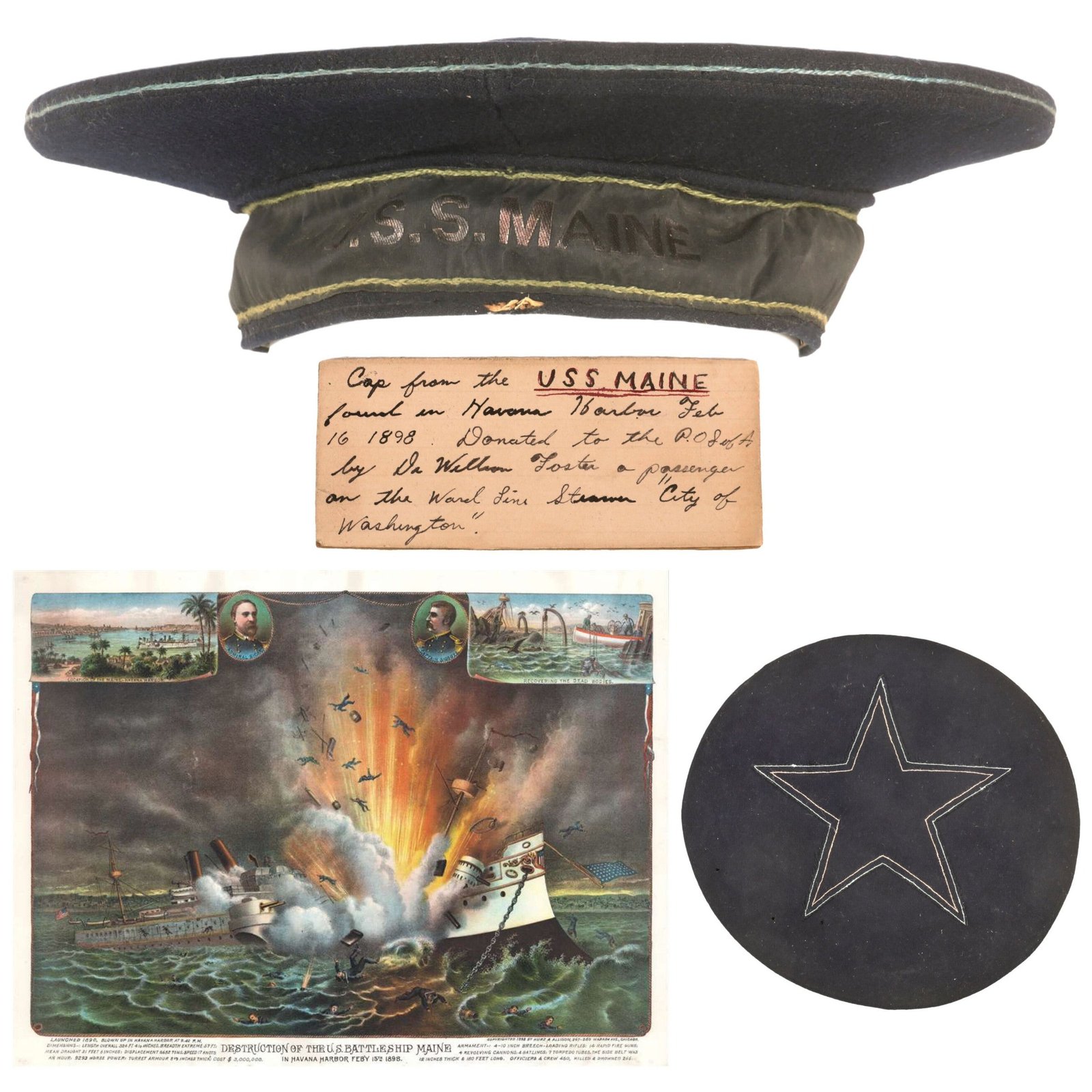 Buy Original U.S. Spanish-American War USS Maine Havana Recovered “Going Ashore” Navy Flat Hat with Provenance - “Remember the Maine” | Original Firearms Antique For Sale