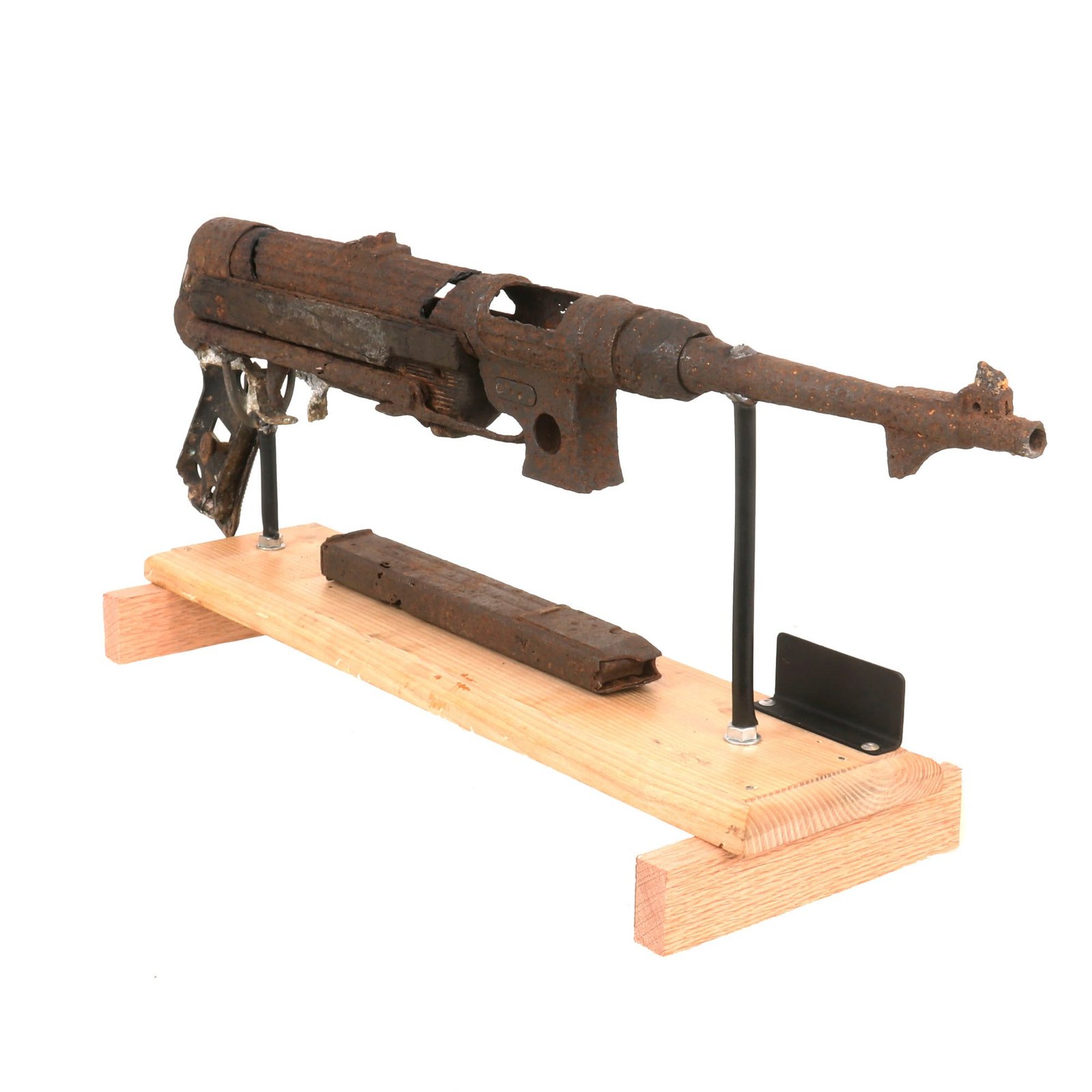 Buy Original German WWII Battlefield "Dug Up" Relic MP 38 Inert Display Submachine Gun with Magazine on Stand - Maschinenpistole 38 | Original Firearms Antique For Sale