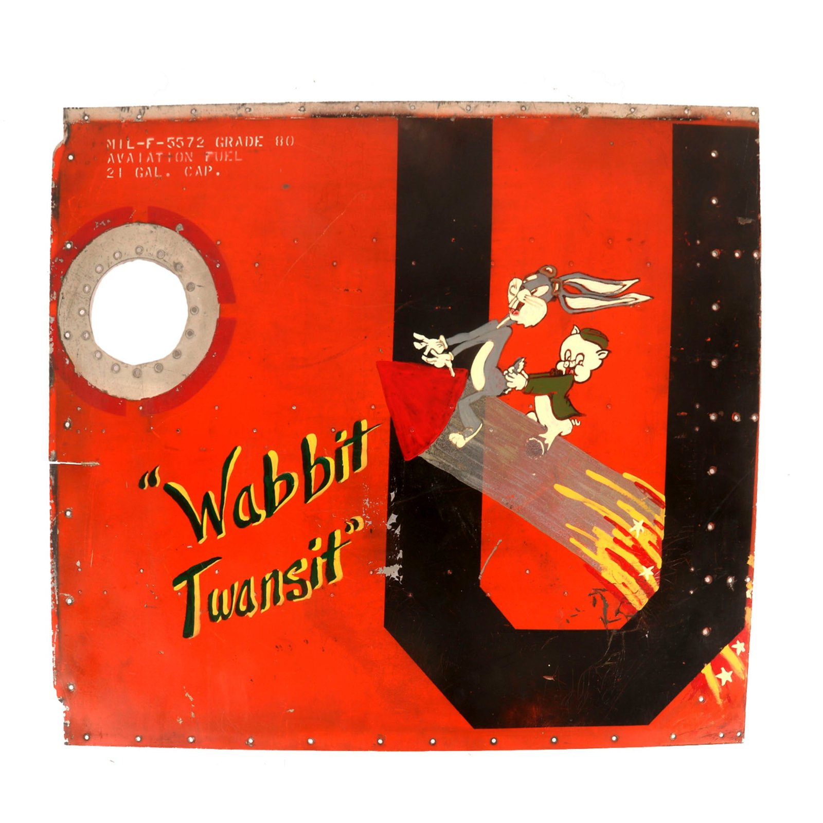 Buy Original Vietnam War Era Aircraft Skin with Possibly Original “Wabbit Transit” Looney Toons Nose Art - 32 x 37” | Original Firearms Antique For Sale