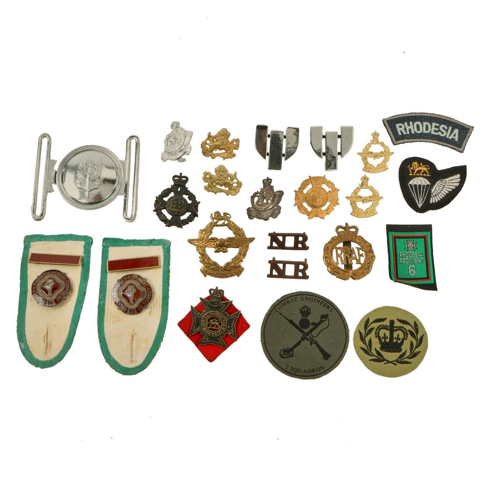Original Rhodesian Bush War to Modern Era Military Insignia Lot with Medal, Belt Pins, & Patches