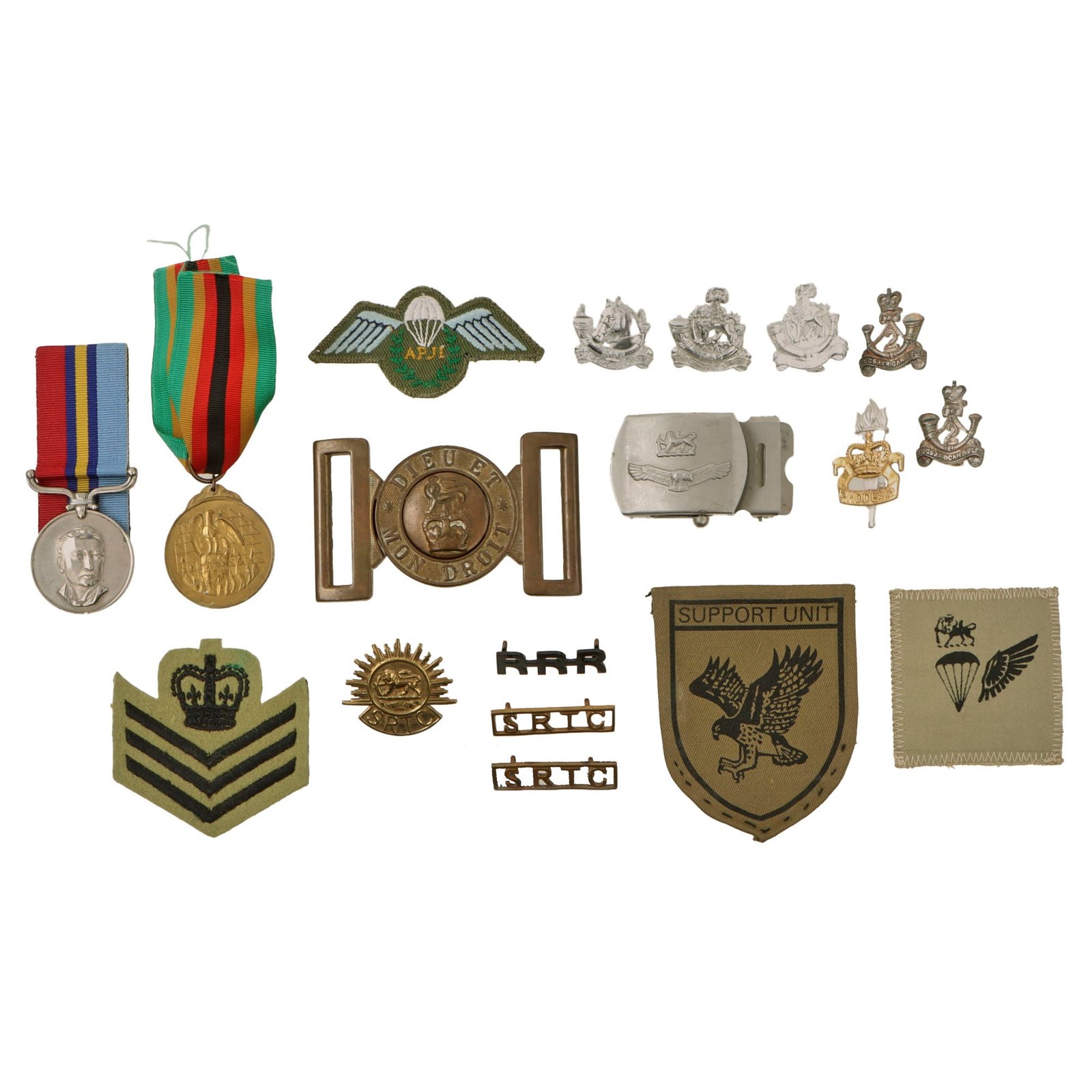 Original Rhodesian Bush War to Modern Era Military Insignia Lot with Medals, Belt Buckles, Patches, and More