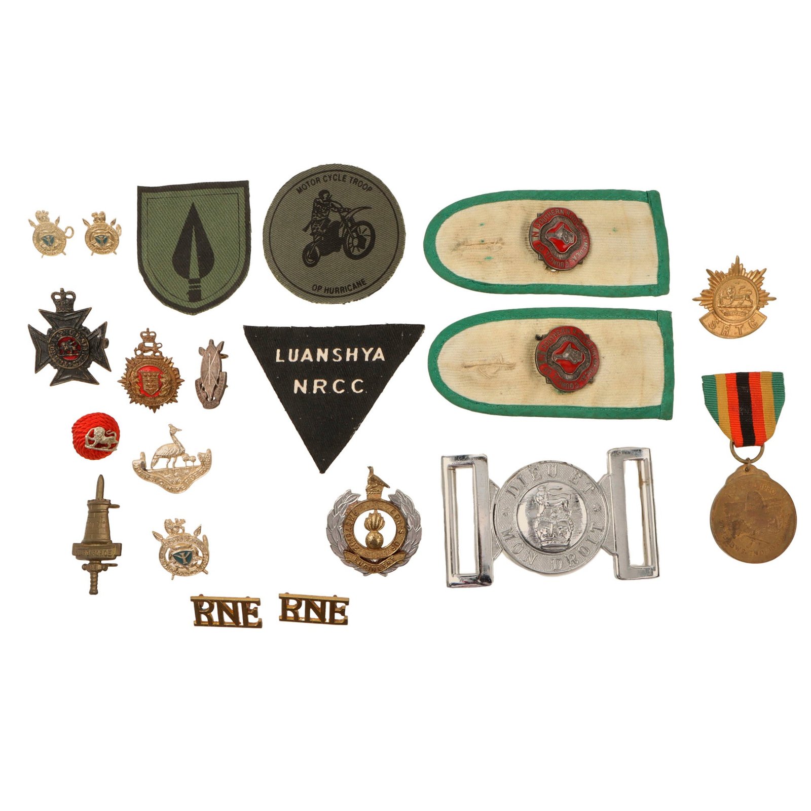 Original Rhodesian Bush War to Modern Era Military Insignia Lot with Medal, Belt Buckle, & Shoulder Boards
