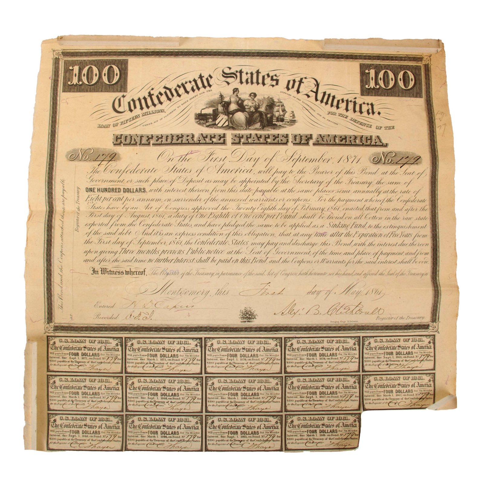 Original U.S. Civil War Confederate States of America $100 Bond Dated May 1861 - 13½ x 14”