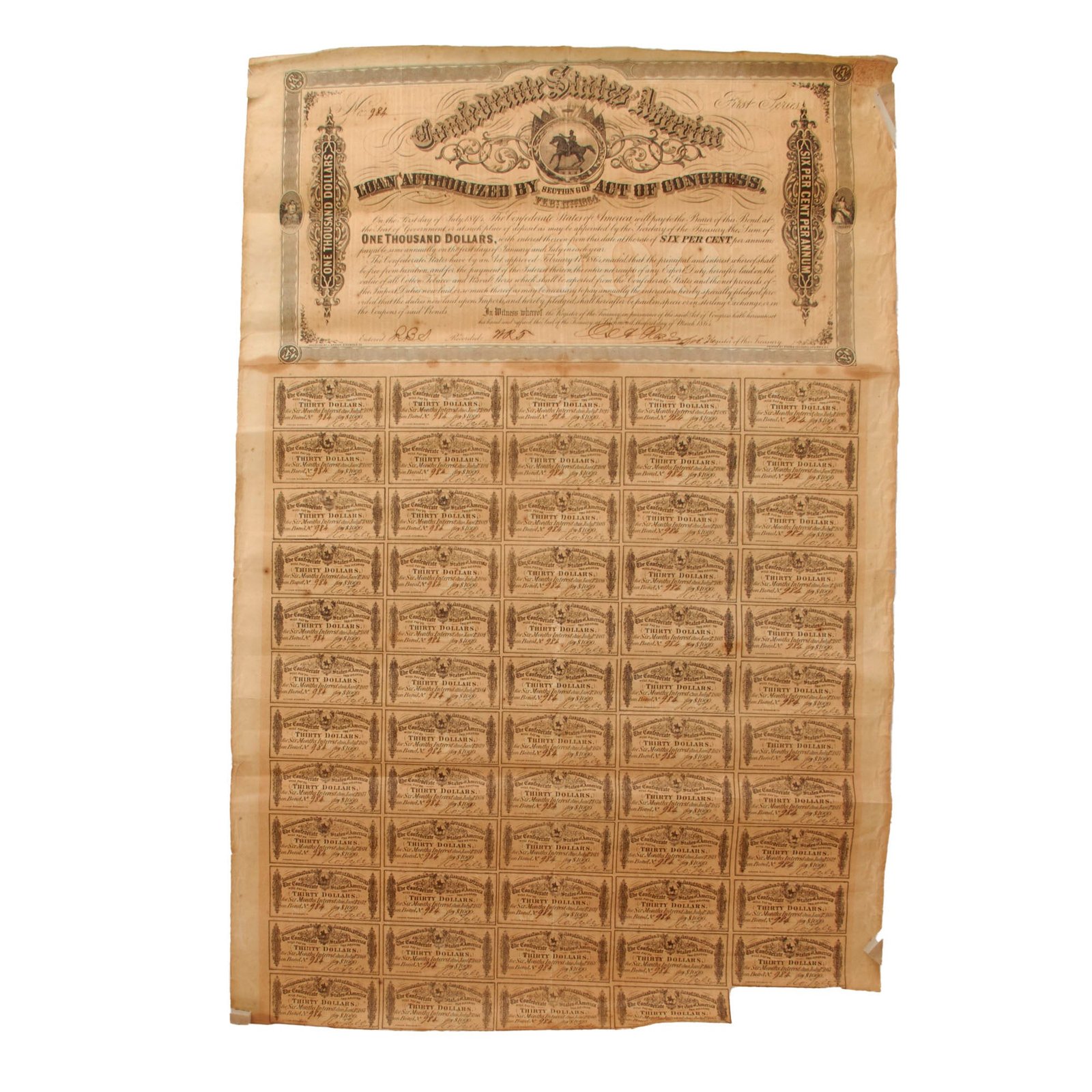 Original U.S. Civil War Confederate States of America $1000 First Series Bond Dated March 1864 - 16 ½ x 26”