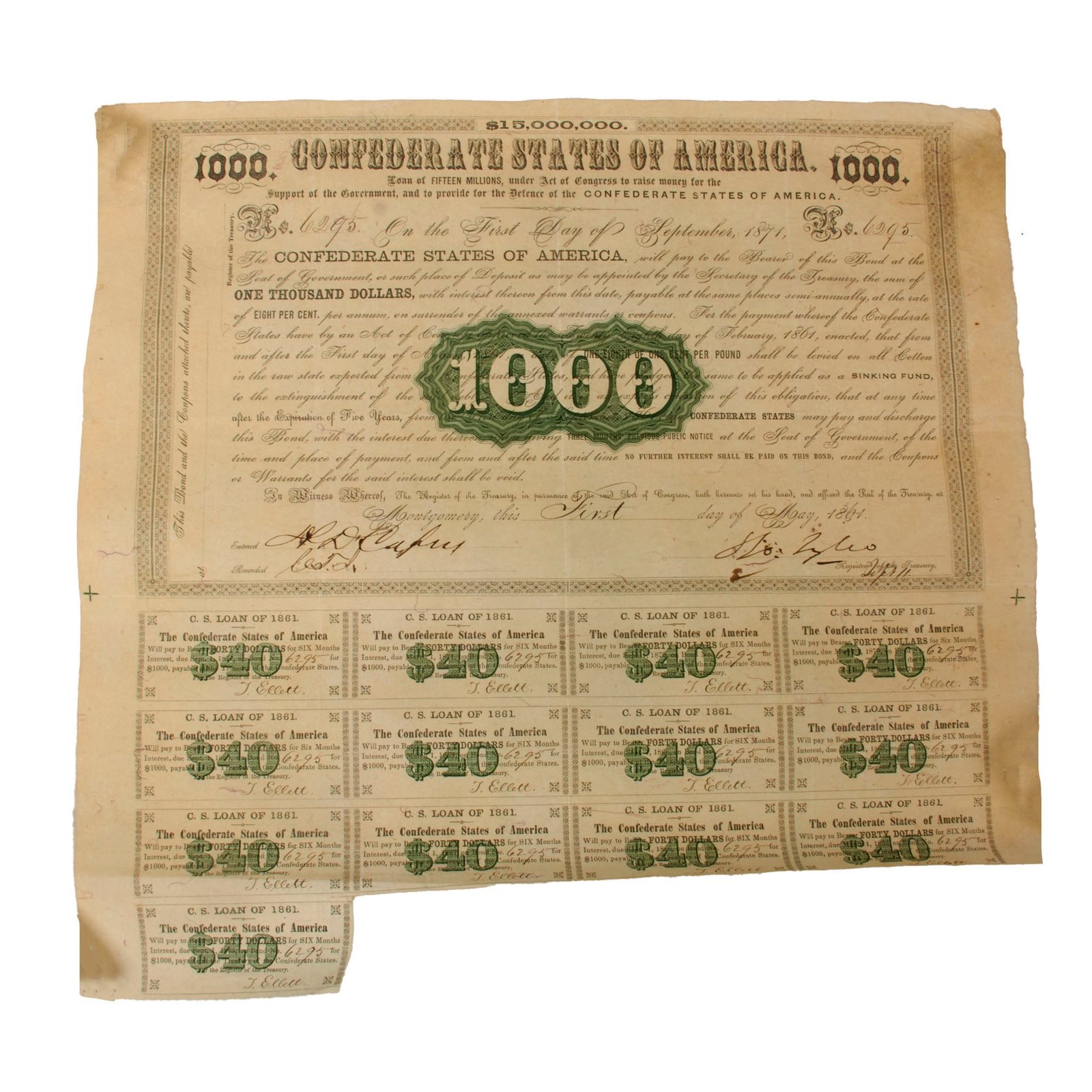 Original U.S. Civil War Confederate States of America $1000 Montgomery Bond Dated May 1861 - 11 ½ x 13 ⅝”