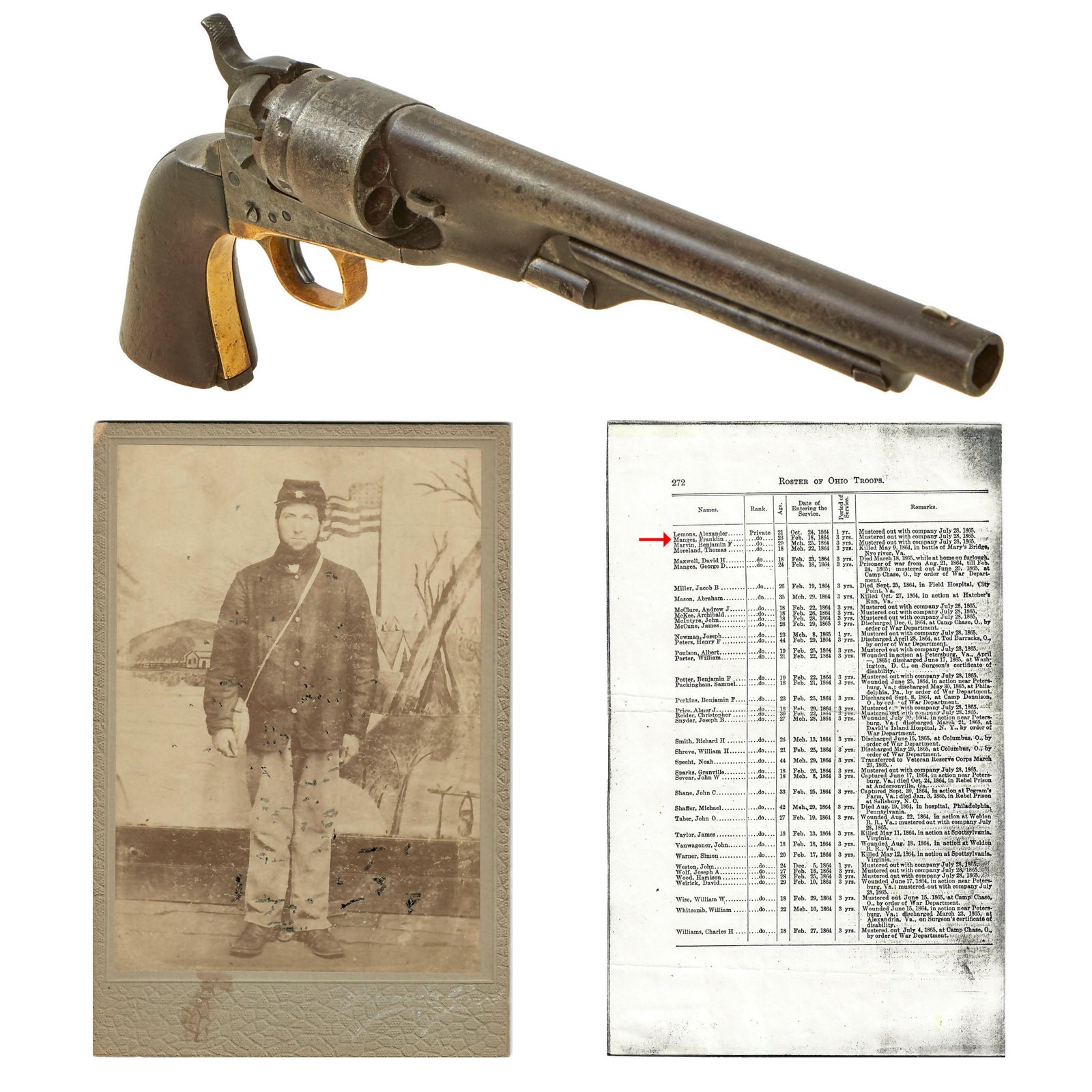 Buy Original U.S. Civil War Colt M1860 Army 4 Screw Revolver Attributed to Pvt. Franklin Manges of Co. B 60th Ohio Infantry with Photo and Research - Serial 25765 Made in 1862 | Original Firearms Antique For Sale