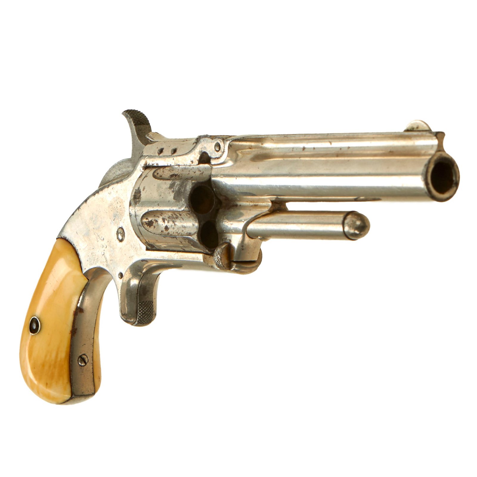 Buy Original U.S. Antique Smith & Wesson Nickel Plated Model 1 ½ 2nd Issue .32 Rimfire Revolver with Ivory Grips - Serial 69600 | Original Firearms Antique For Sale