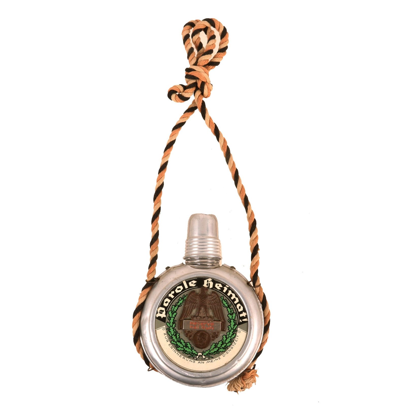 Buy Original German WWI Officer's Aluminum Clad Spirit Flask with “Barometer” & Original Tri-Color Carrying Rope - Fully Decorated | Original Firearms Antique For Sale