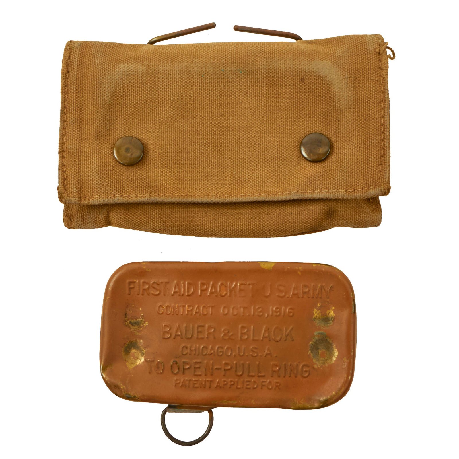 Buy Original U.S. WWI M1904 First Aid Pouch by Rock Island Arsenal with 1916-Dated Unopened Bandage - Dated 1910 | Original Firearms Antique For Sale